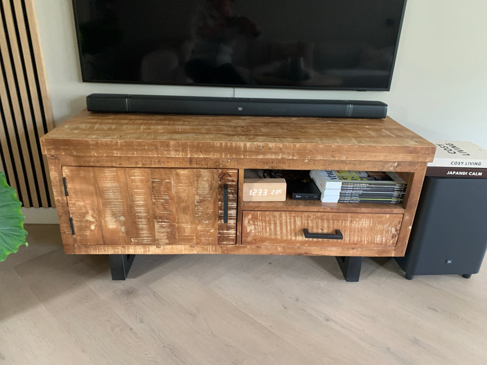 Robuust mangohouten tv-meubel met lade en kastje, Ophalen, 100 tot 150 cm, Zo goed als nieuw, Minder dan 100 cm