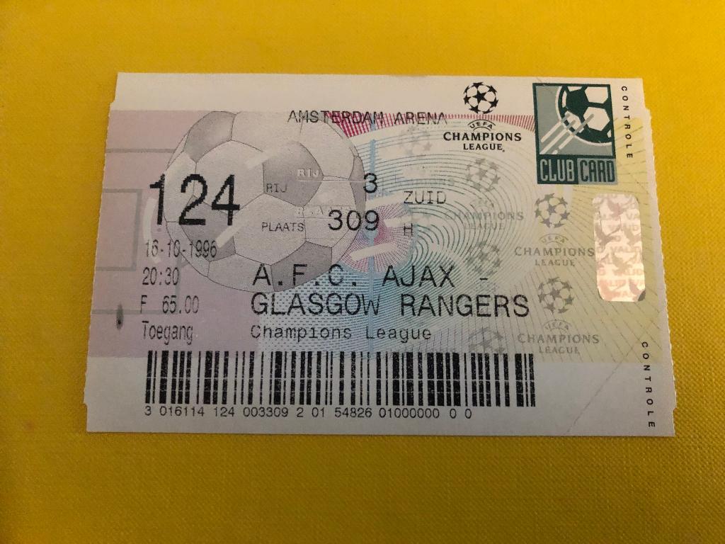 ⚽ Ticket CL Ajax - Glasgow Rangers 1996/1997 ⚽, Verzenden, Zo goed als nieuw, Ajax, Overige typen