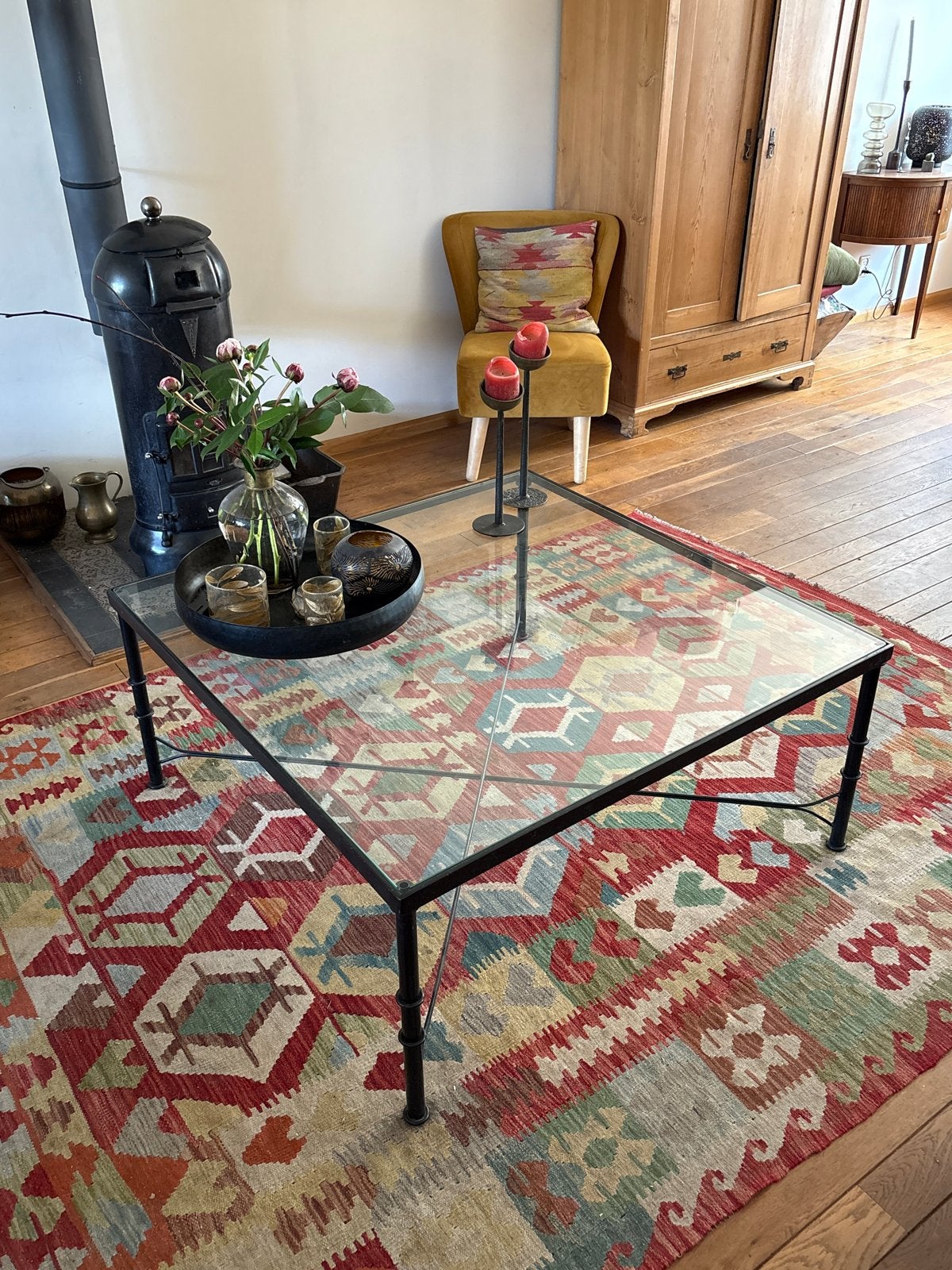 Vierkante salontafel met glazen blad en metalen frame, Gebruikt, 100 tot 150 cm, Vierkant, Ophalen of Verzenden