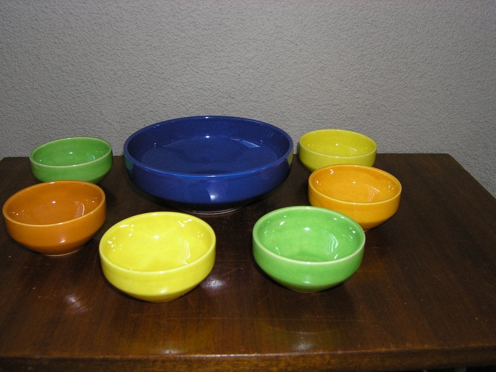 Vintage '70 pindaset blauw met gele/groene/oranje bakjes, Gebruikt, Overige typen, Vintage, Ophalen of Verzenden