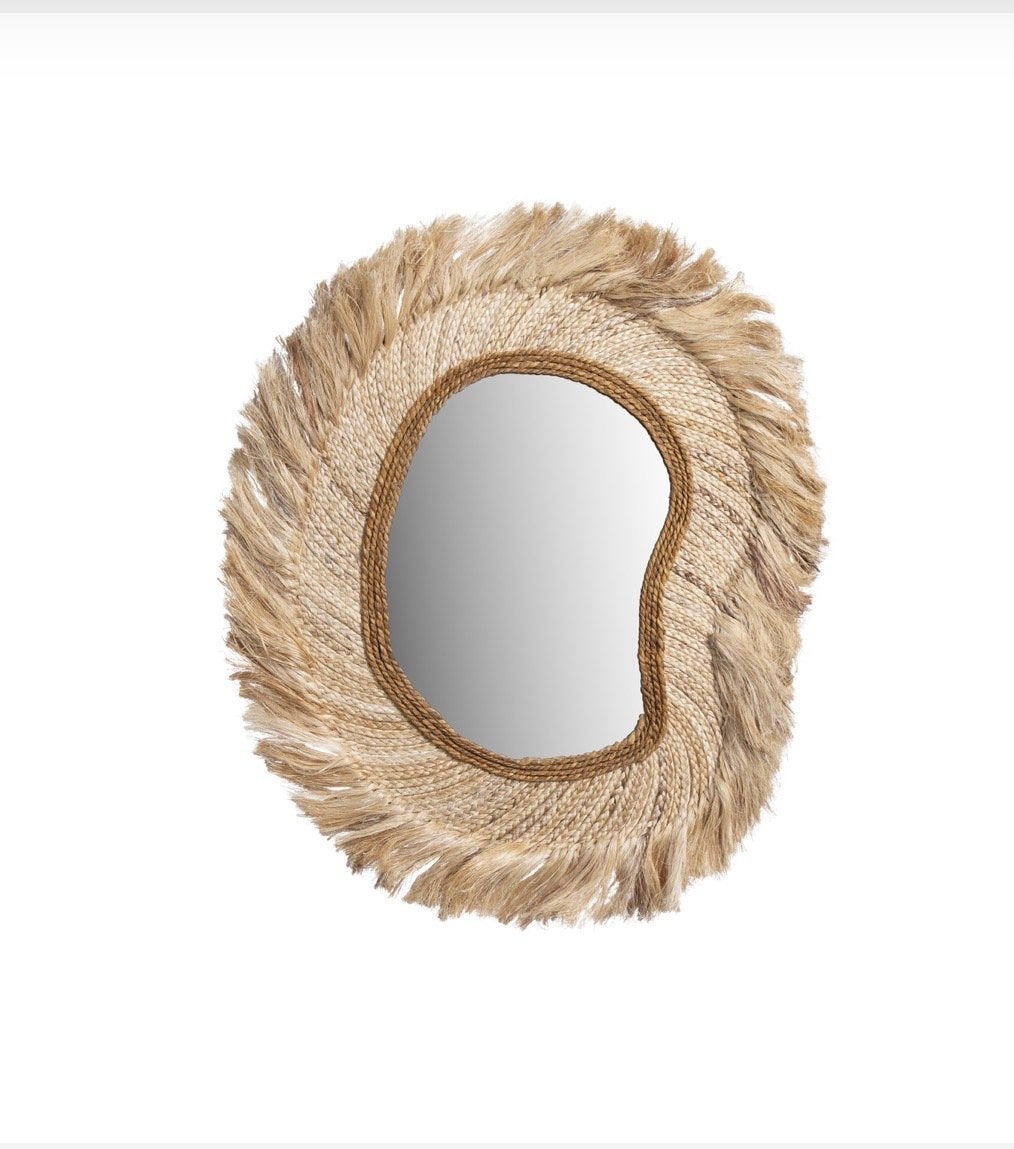 Ibiza style spiegel met raffia en touw - Unieke wanddecora, Huis en Inrichting, Ophalen of Verzenden, Zo goed als nieuw, Minder dan 100 cm