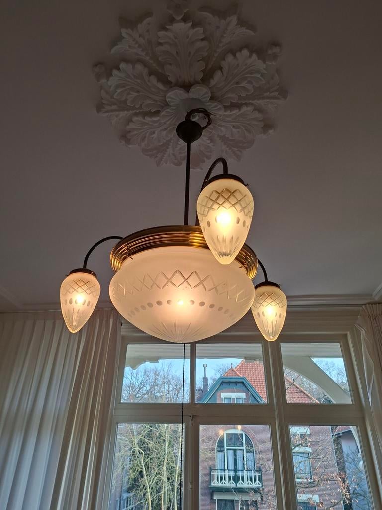 Art nouveau / art deco / Jugendstill glazen plafondlamp, Antiek en Kunst, Antiek | Lampen, Ophalen of Verzenden