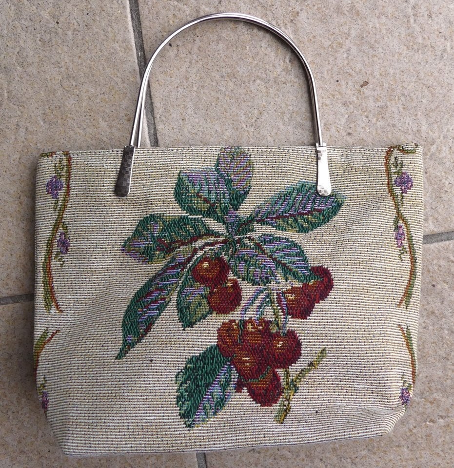 Gobelin tasje kersen borduur damestas handtasje, Ophalen of Verzenden, Zo goed als nieuw, Beige, Handtas