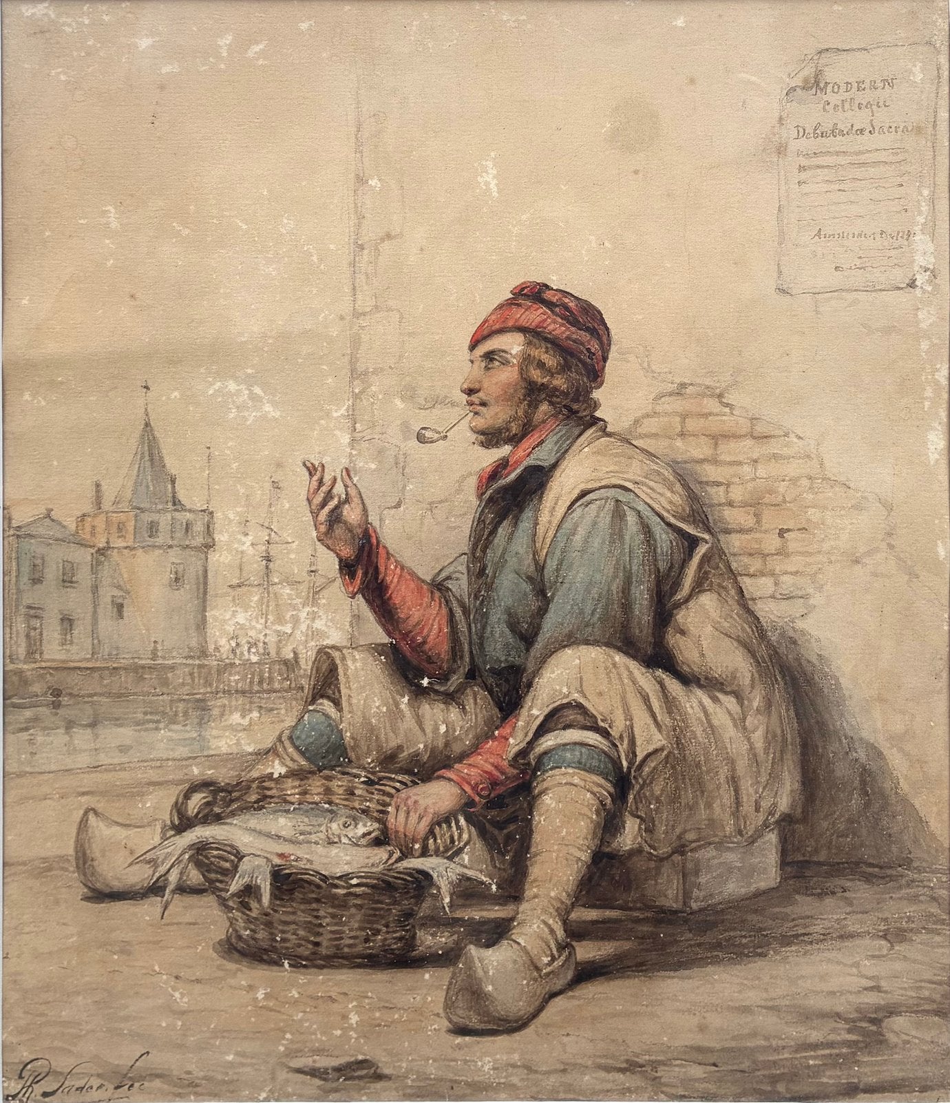 “De visverkoper” aquarel, Philip Sadee (1837-1904), Portret of Personen, Bijzondere lijst, Ophalen of Verzenden, Papier