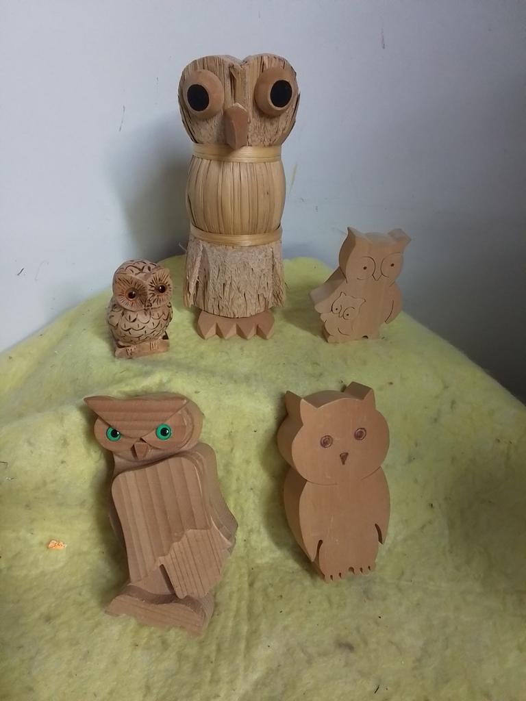 2286)  5mooie houten uiltjes hoogste  15cm, Ophalen of Verzenden, Dier