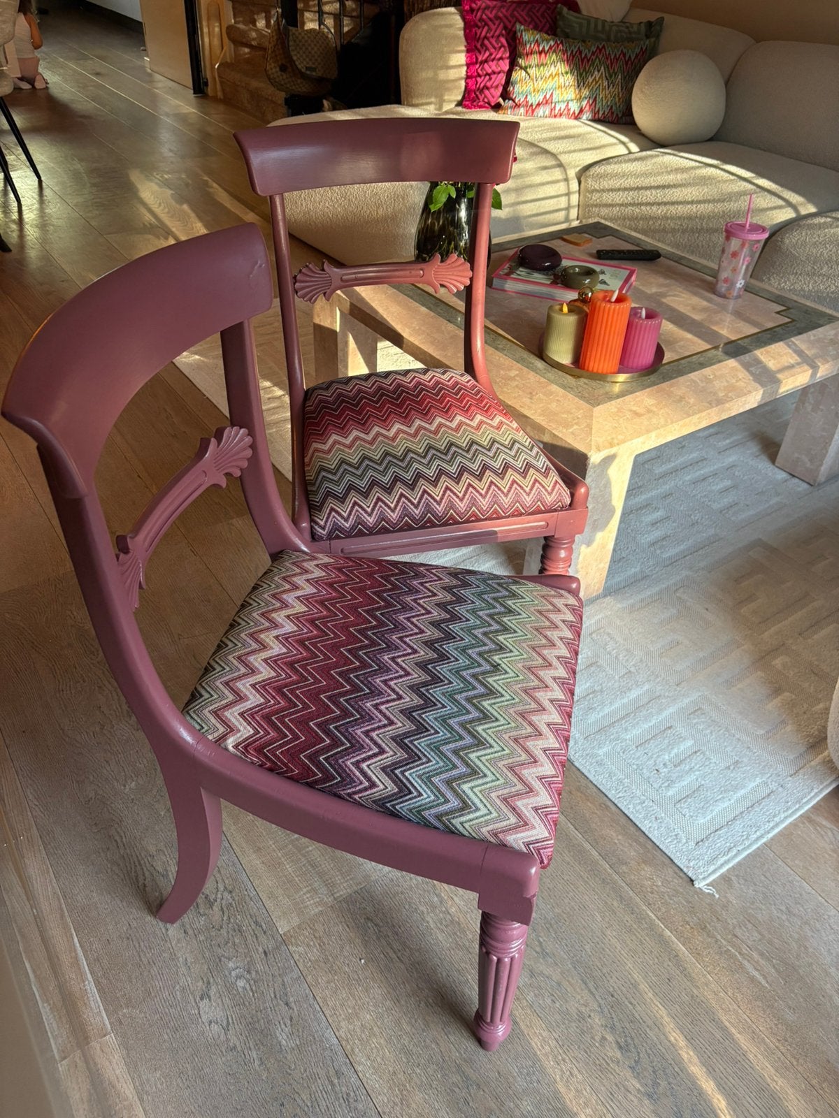 2 x Unieke mulberry stoelen met Missoni stof bekleding, Ophalen of Verzenden