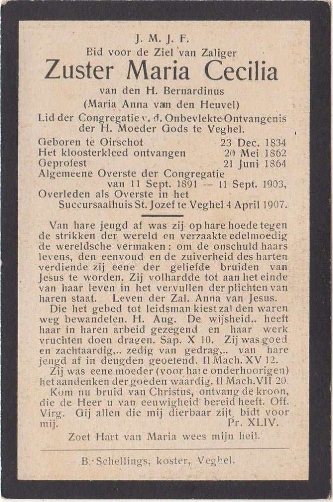 zr. Maria Anna vd Heuvel 1834 Oirschot + 1907 Veghel, 73 jr, Verzenden