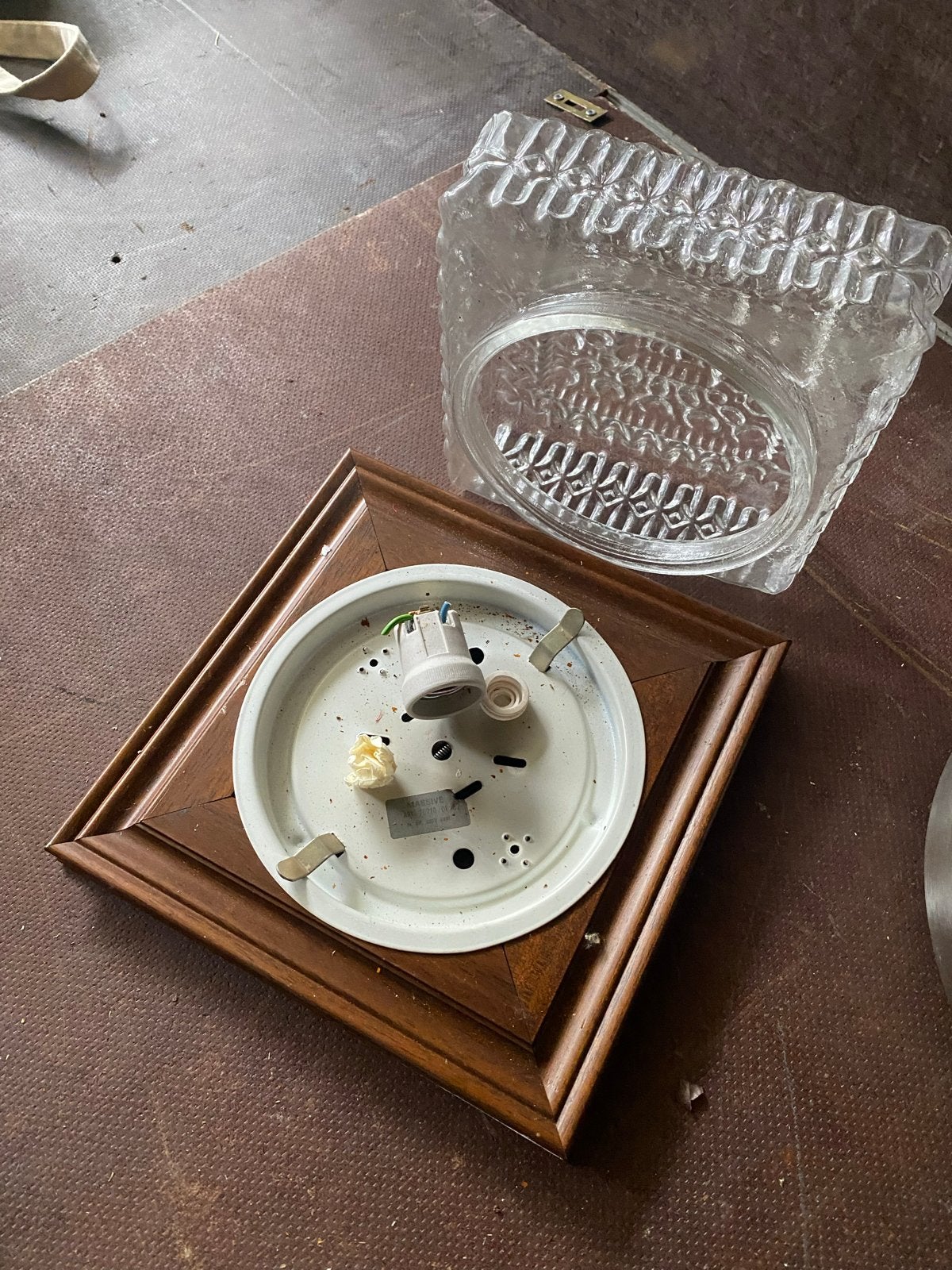 Vintage Plafondlampen met Houten Basis en Glazen Kap (3 stuk, Ophalen, Overige merken, Gebruikt, E27 (groot)