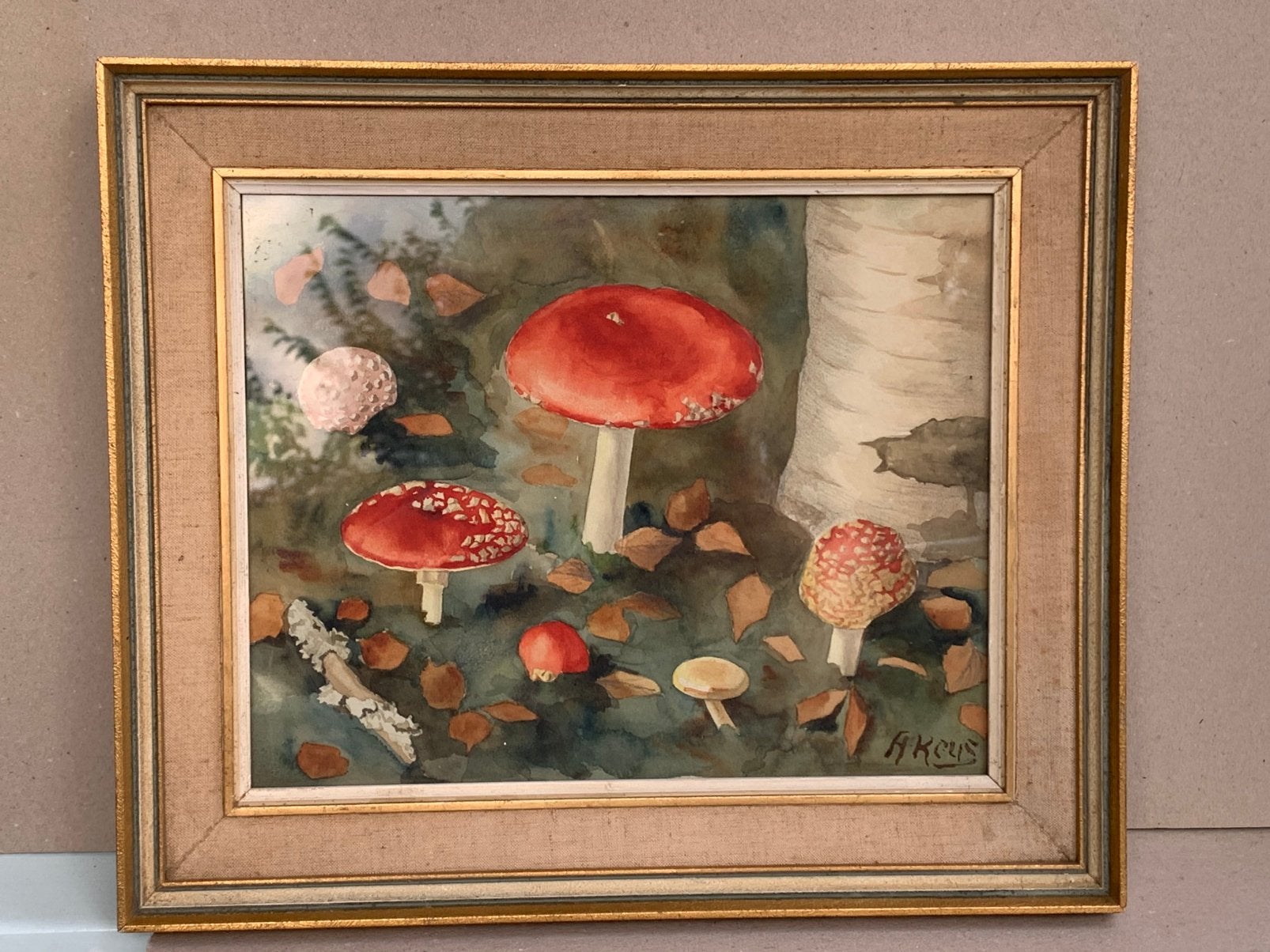 Prachtige aquarel paddestoelen van  Keus met lijst, Ophalen of Verzenden