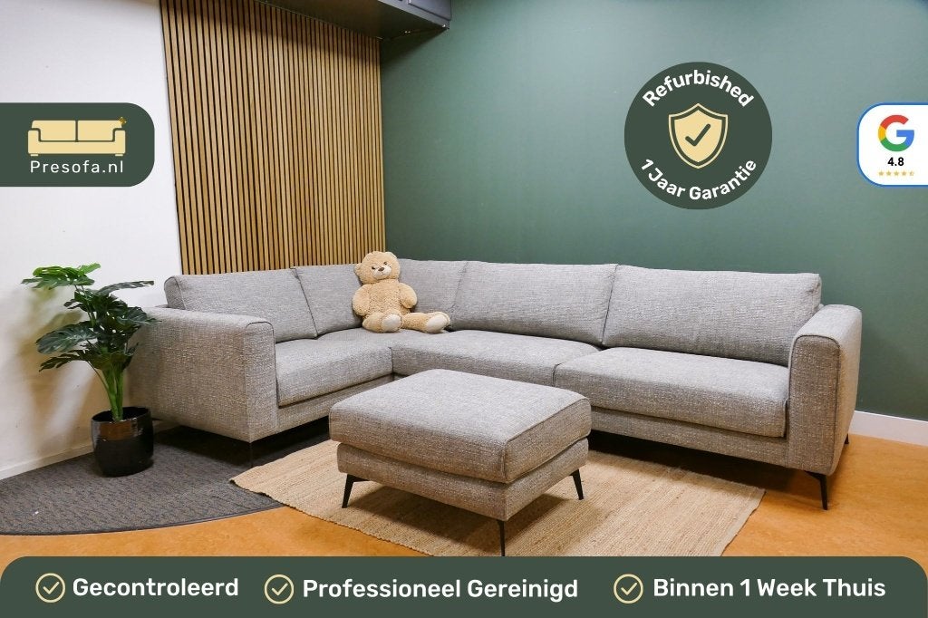Hoekbank + Hocker Grijs Beige [Refurbished], -, -, Hoekbank, 300 cm of meer