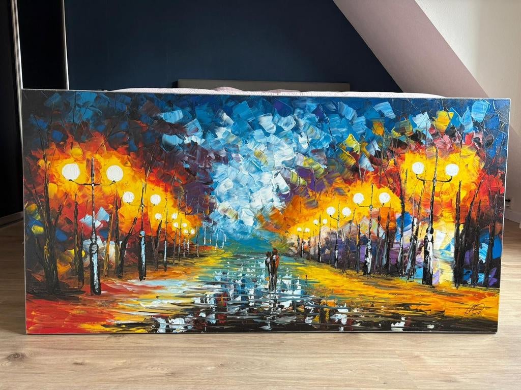 Schilderij - Nachtwandeling onder straatlantaarns, Ophalen