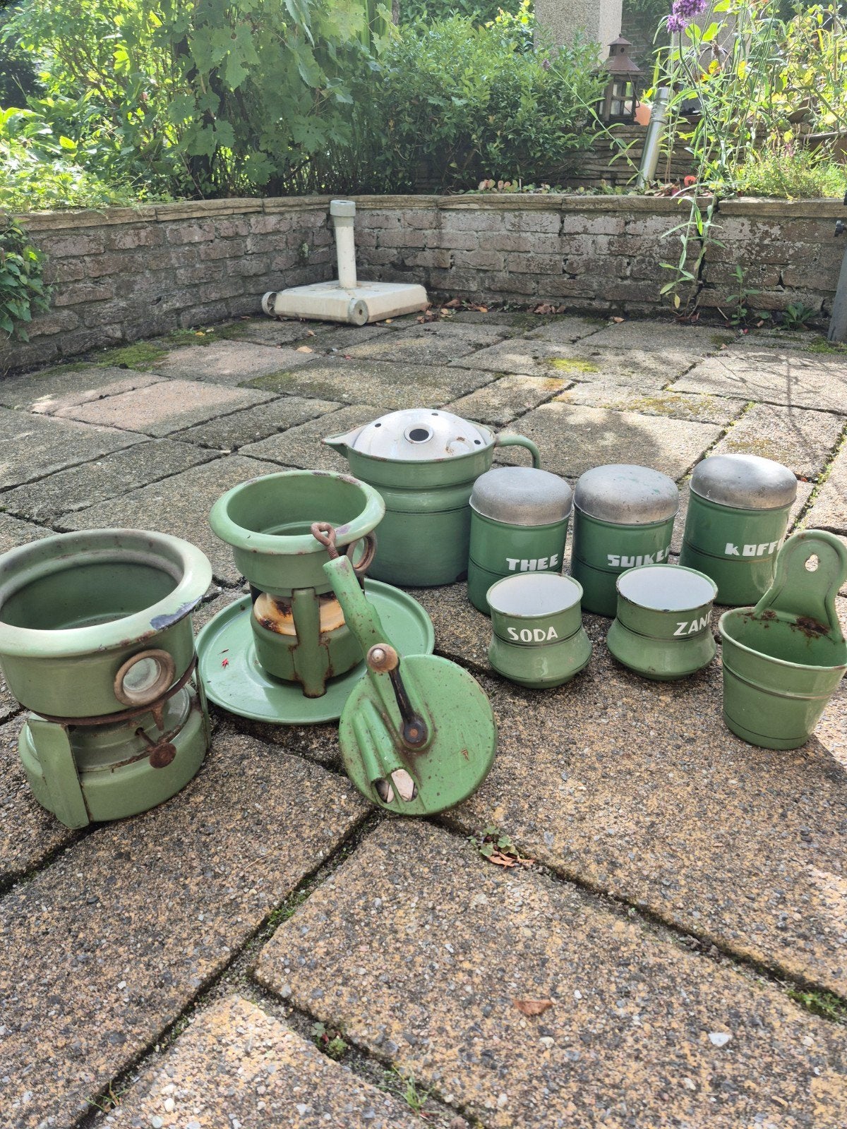 Vintage emaille keukenset - Groen, Antiek en Kunst, Ophalen