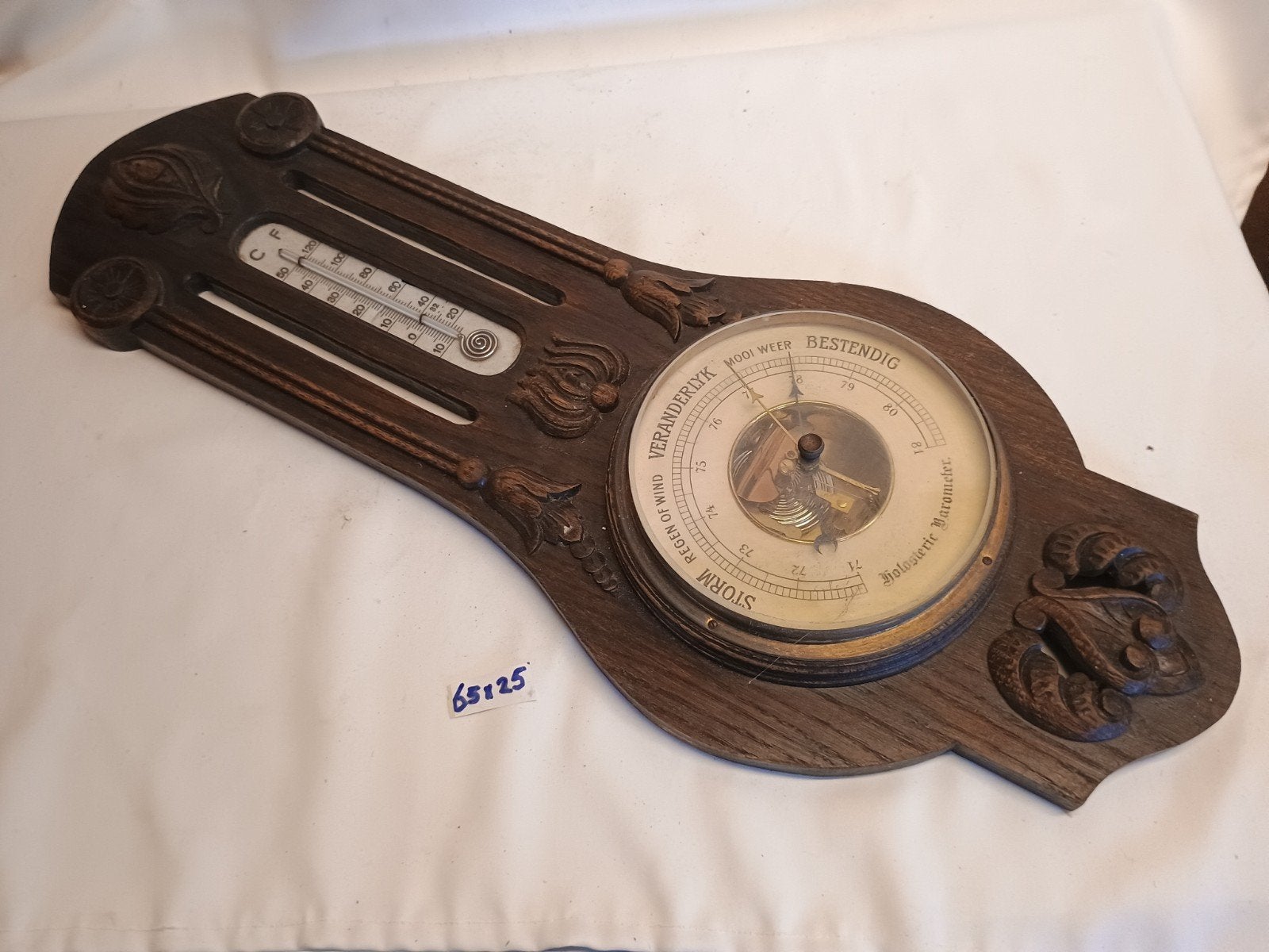 Antieke houten wandbarometer met thermometer, Ophalen