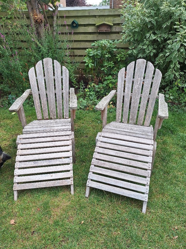 Twee houten tuinstoelen met Madison kussens, Ophalen, Gebruikt, Hout