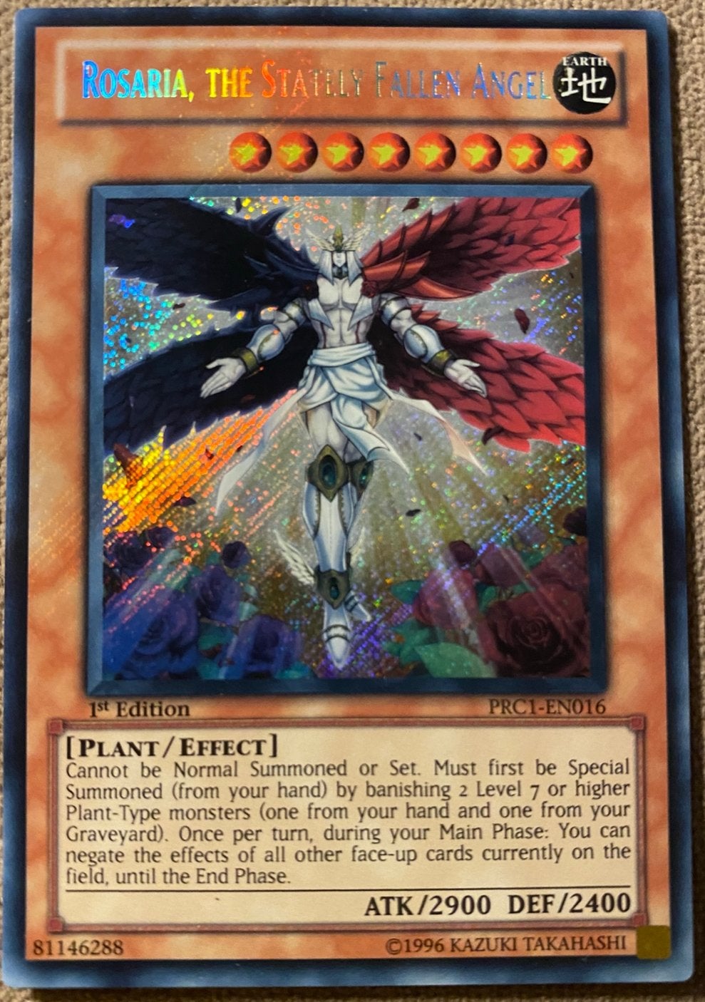 Yu-Gi-Oh! Rosaria, the Stately Fallen Angel PRC1 1st Edition, Ophalen of Verzenden, Zo goed als nieuw, Losse kaart, Foil