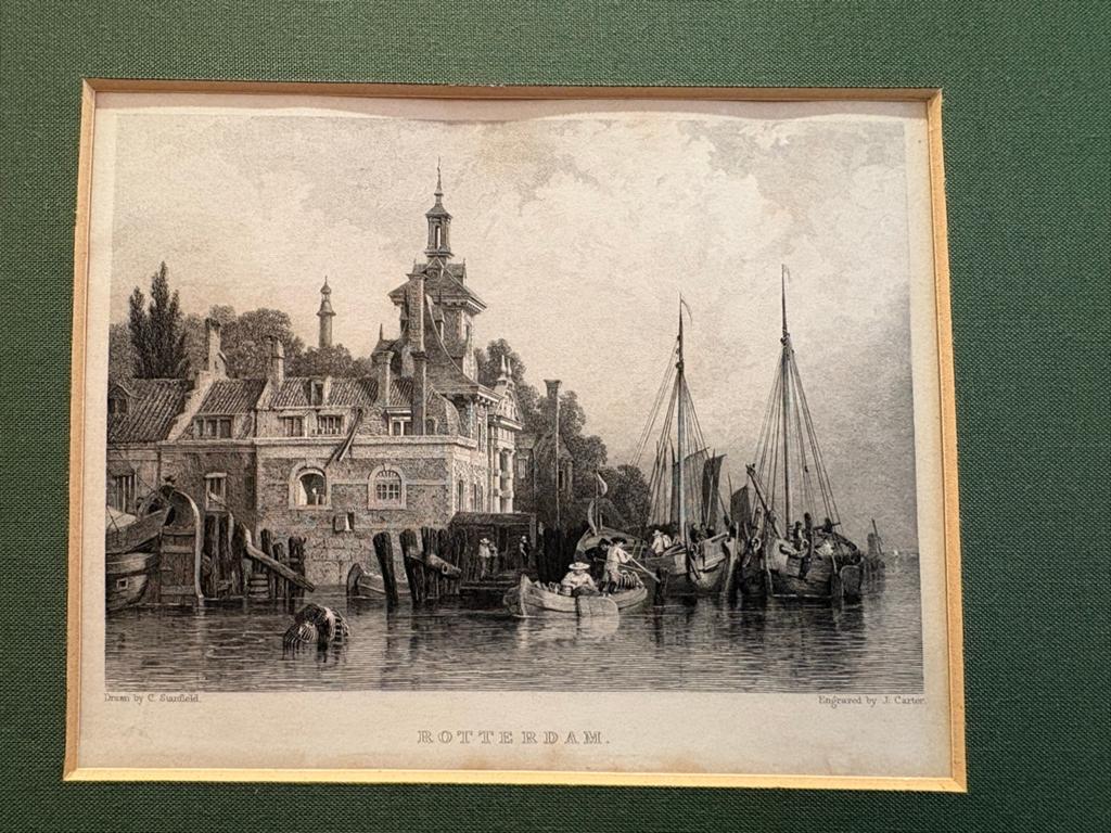Antieke gravures: Rotterdam en Arnhem stadsgezichten, 1800 - 1899, Stadsgezicht, Ophalen of Verzenden, Met passe-partout