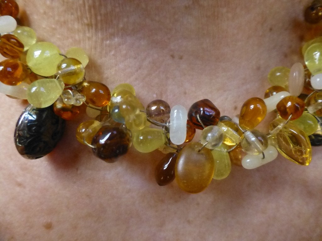 Design Collier gele, bruine en bronskleurige Glazen kralen, Ophalen of Verzenden, Nieuw, Bruin, Overige materialen
