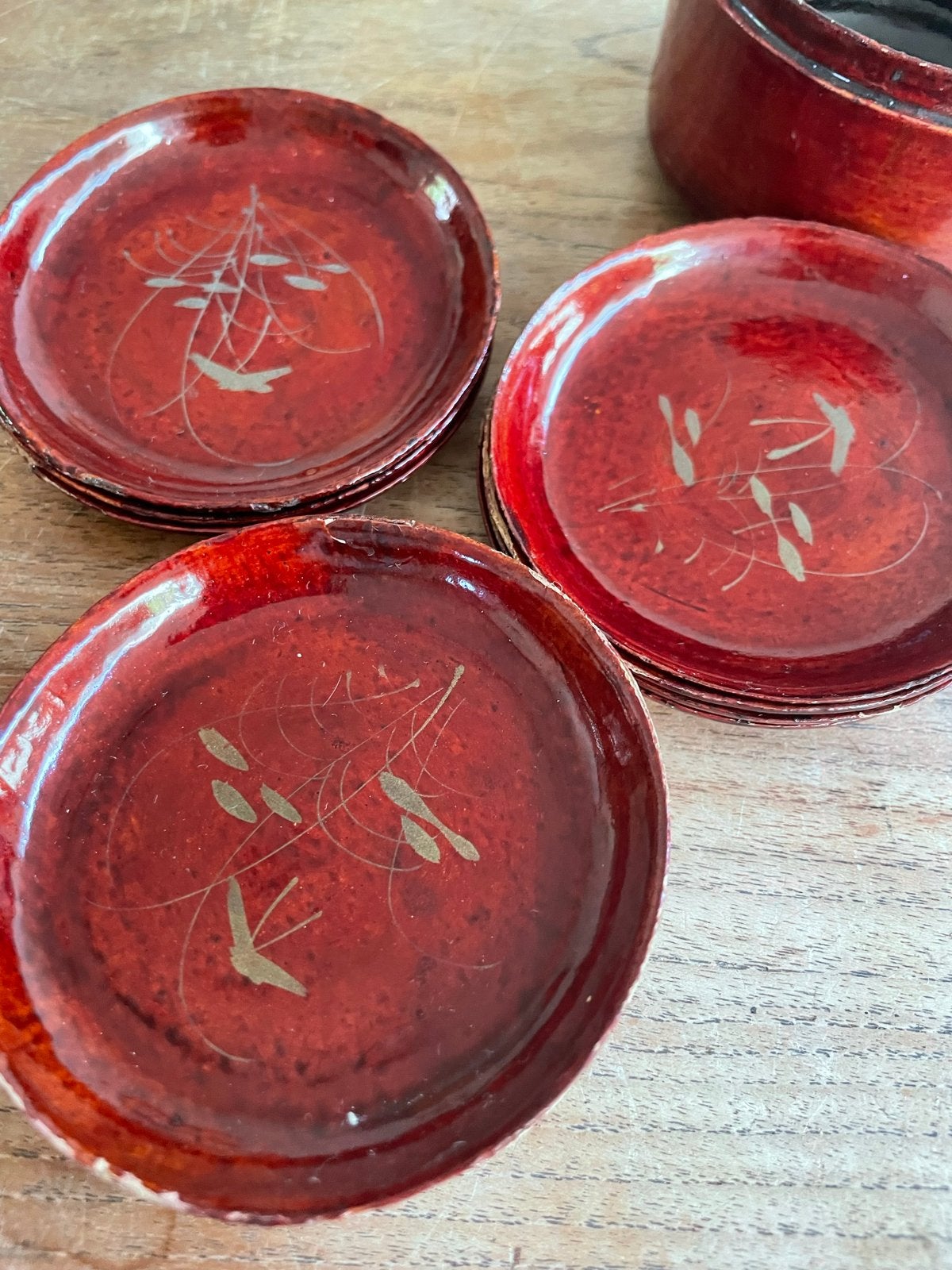 Vintage Japanse lakwerk theedoos met schoteltjes, Ophalen of Verzenden
