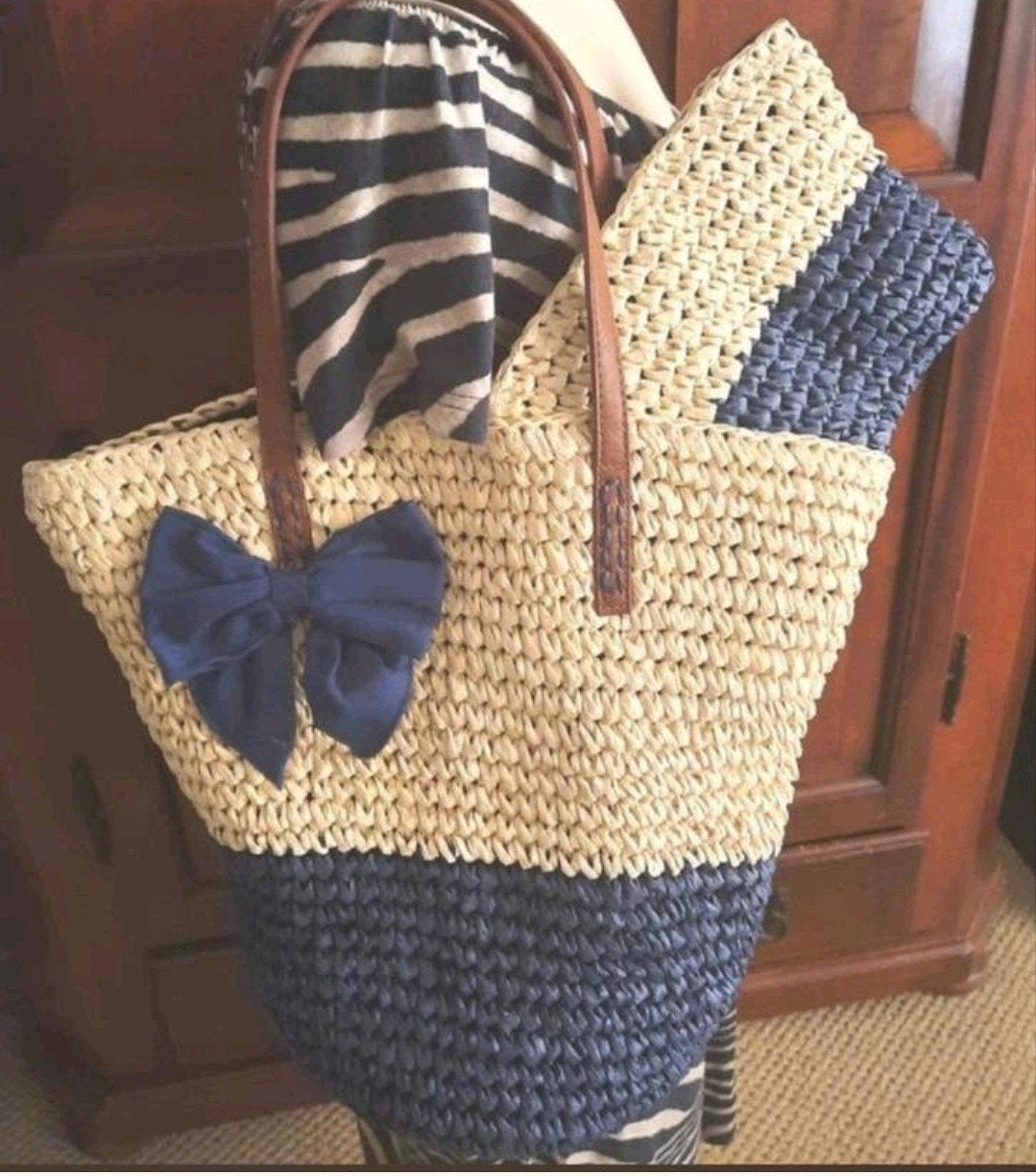 Blauw beige raffia gevlochten schoudertas met toilettasje, Verzenden, Nieuw, Blauw, Overige merken