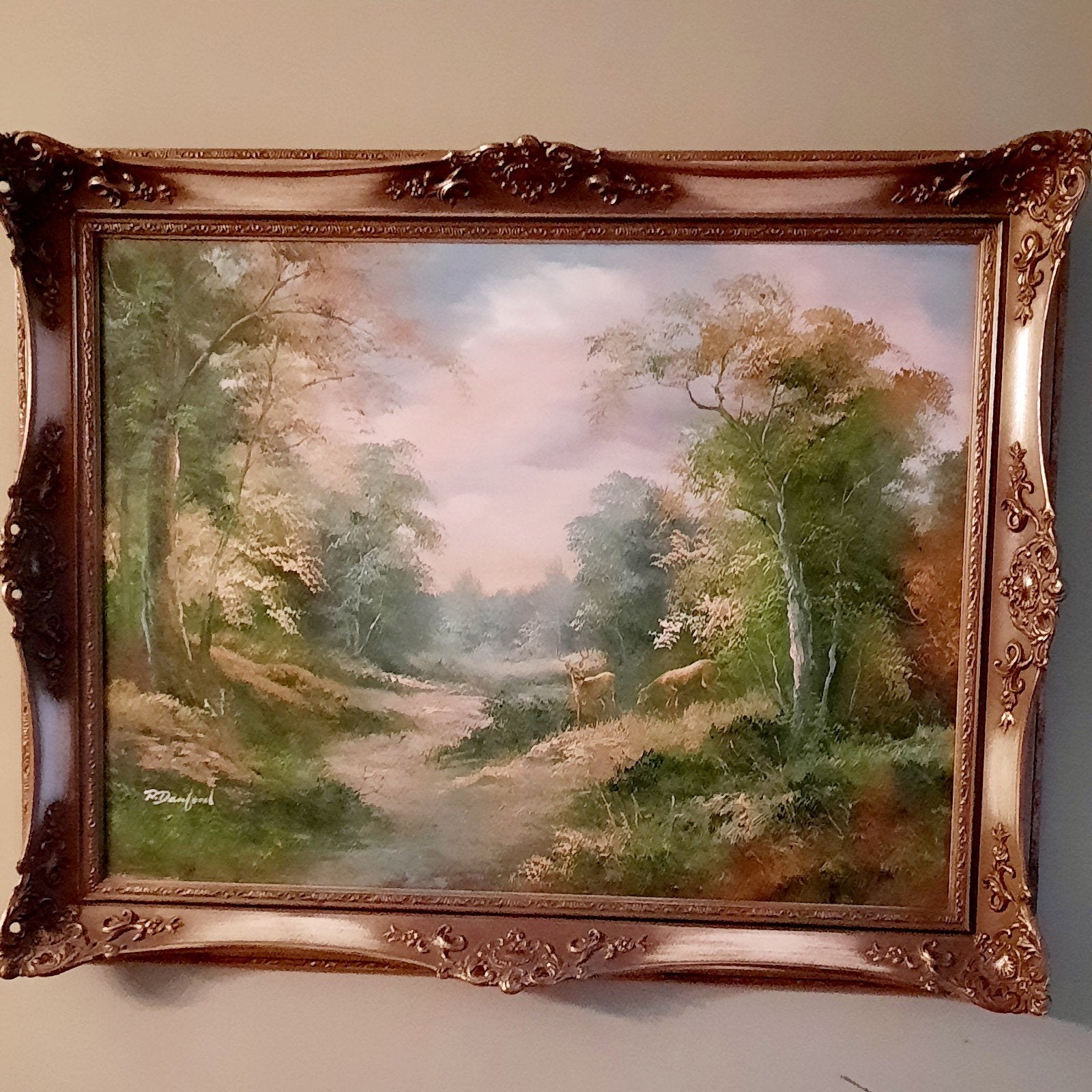 Groot Schilderij bosgezicht met 2 herten  in Gibsen lijst, Ophalen, Doek, Landschap, Olieverf