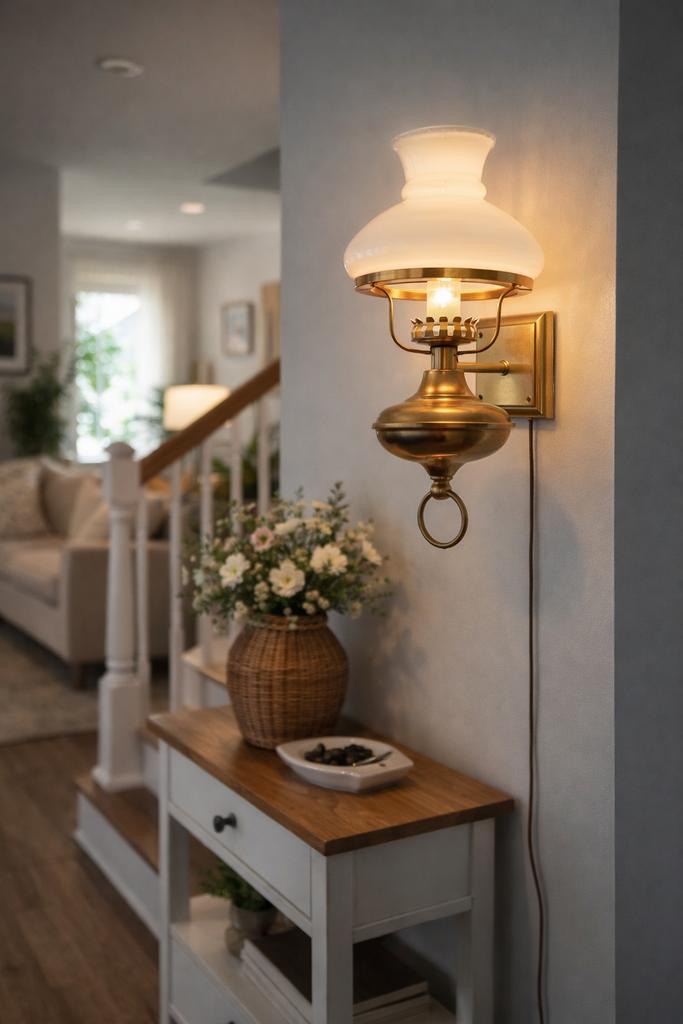 Vintage Messing Wandlamp - Olie-look & Melkglas, Ophalen of Verzenden, Zo goed als nieuw, Glas