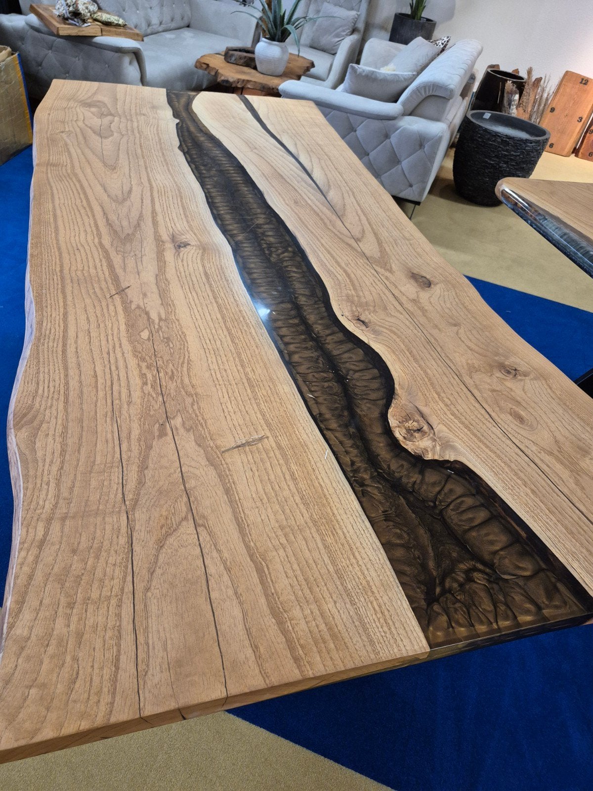 Unieke eettafel van eikenhout met epoxy rivier, Ophalen, Modern, Industrieel, Rustiek, Nieuw, 50 tot 100 cm