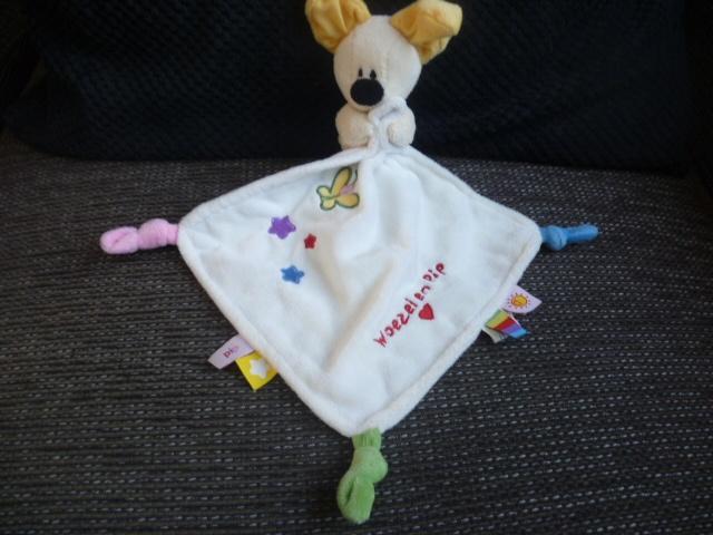 Pip van Woezel en Pip aan wit velours doekje /labels/vlinder, Ophalen of Verzenden, Zo goed als nieuw, Tiamo, Wasbaar