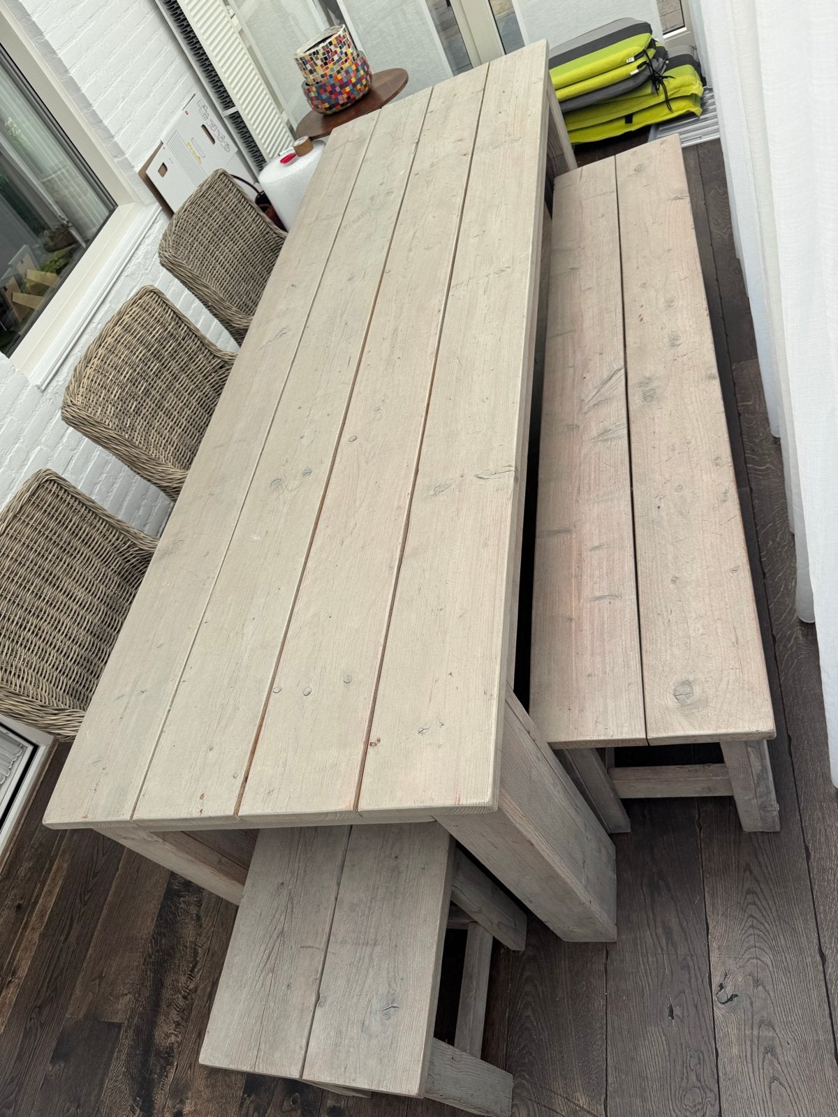 Steigerhouten tafel met bank en stoelen, Ophalen, Gebruikt, Meer dan 8 zitplaatsen, Steigerhout