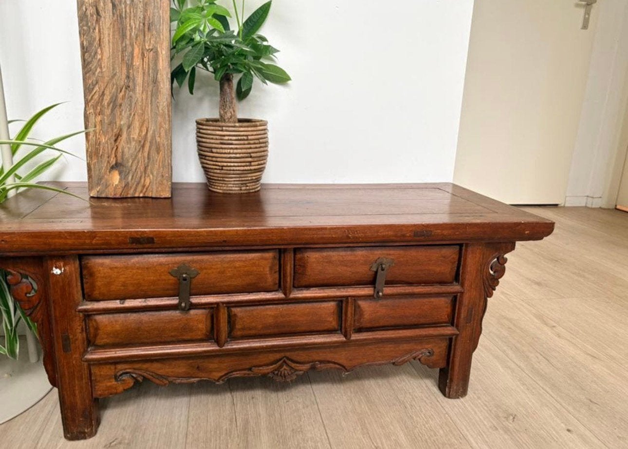 Vintage Chinese Salontafel/Lage Ladekast handgemaakt ‘50s, Ophalen, Gebruikt, 1 of 2 laden, Teakhout