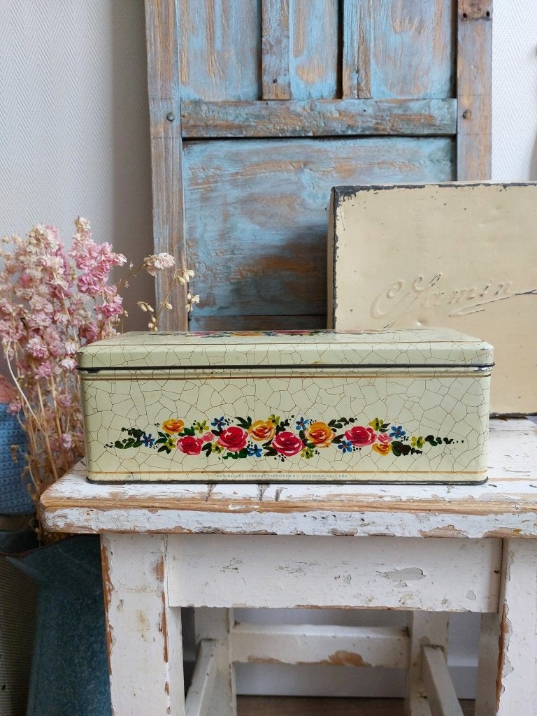 Oude (ontbijt) koektrommel met roosjes van Verkade, Ophalen of Verzenden