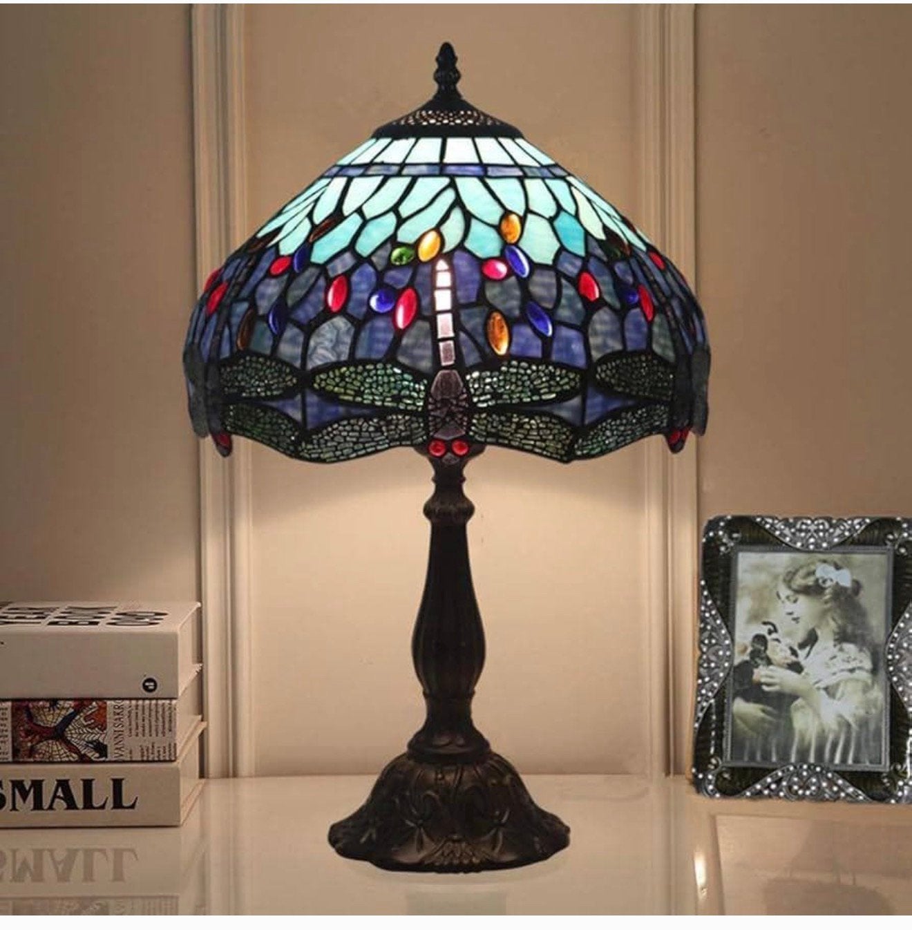 Tiffany-stijl Libelle Tafellamp Glas-in-Lood 30 cm Nieuw !, Nieuw, Ophalen of Verzenden, Glas, H
