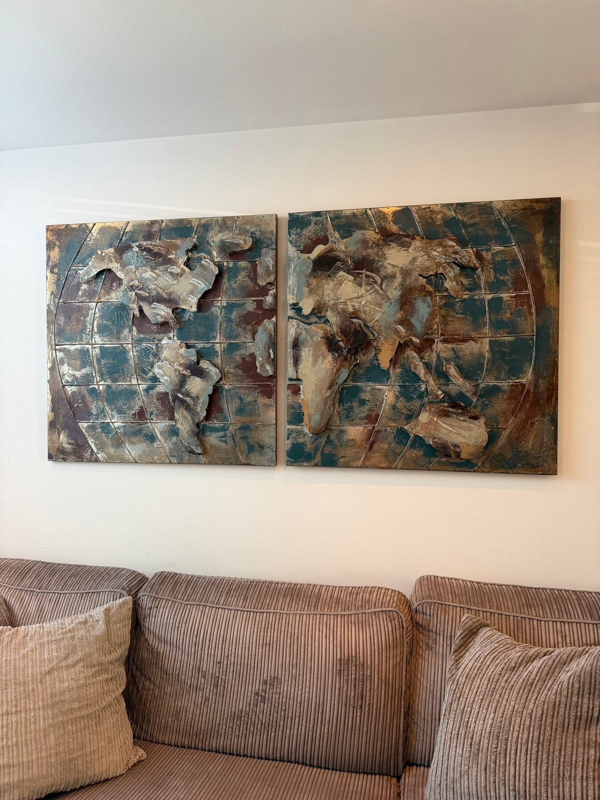2-luik metalen wereldkaart schilderij 90x90 cm, Ophalen, Gebruikt, 75 tot 100 cm, Schilderij