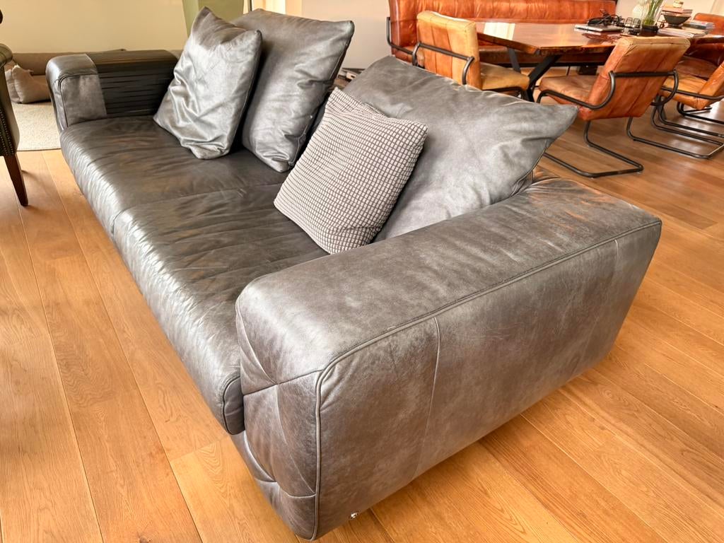 Bankstel, Natuzzi, grijs leer, Ophalen, Gebruikt, 100 tot 125 cm, Tweepersoons