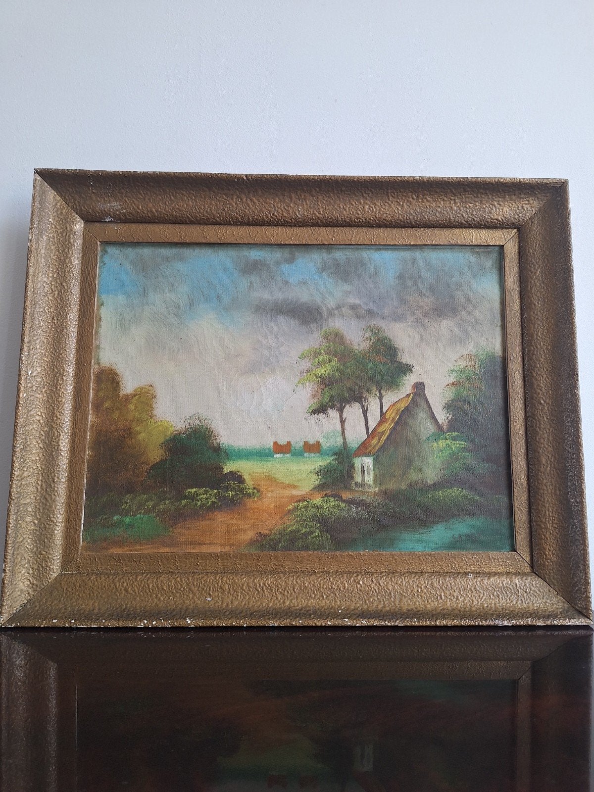 Oud Hollands Landschap Schilderij met Boerderij, Paneel, Ingelijst, Oud hollands, Ophalen of Verzenden