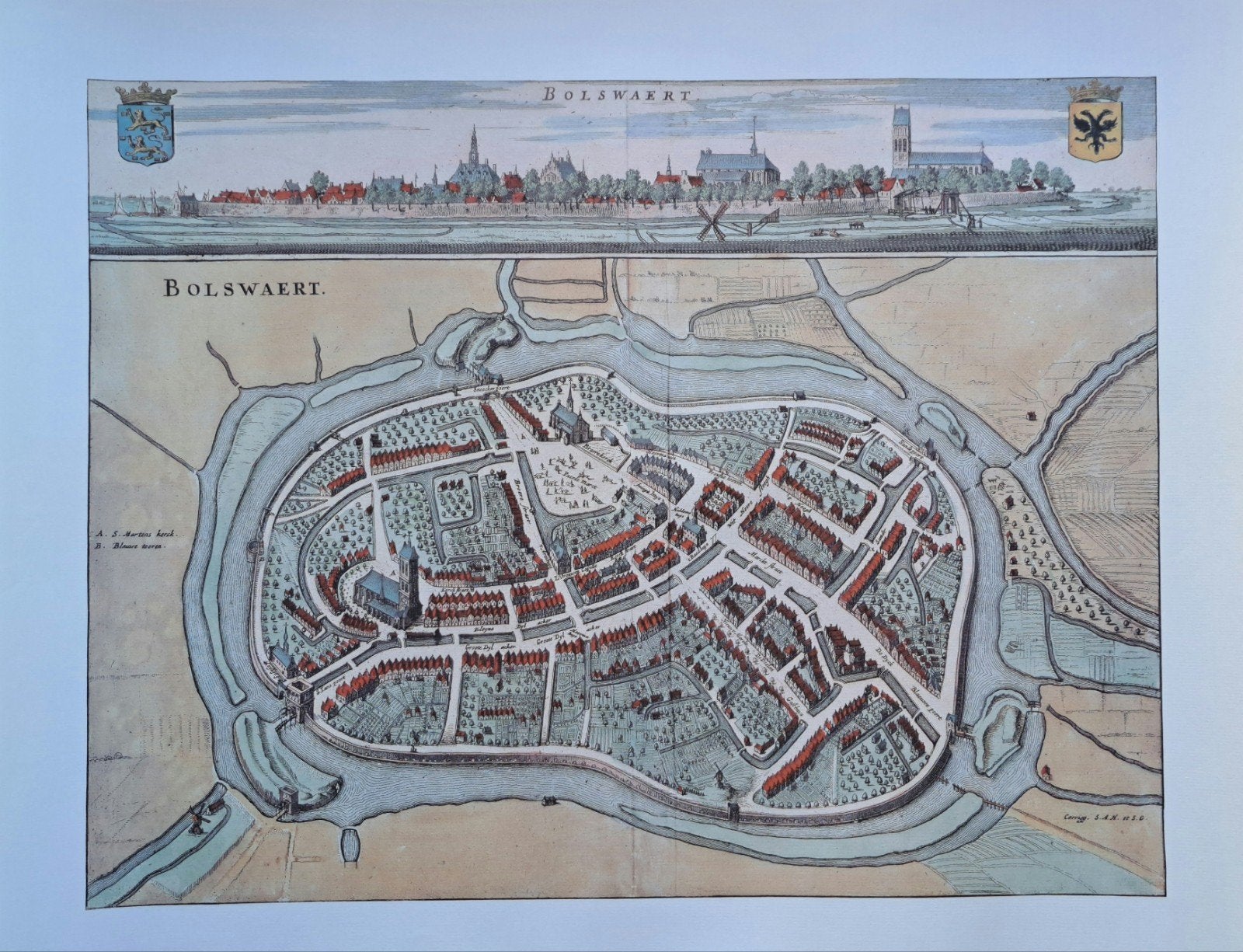 Kleurenreproductie 17e eeuwse stadsplattegrond Bolsward, Ophalen, Zo goed als nieuw, Nederland, Landkaart