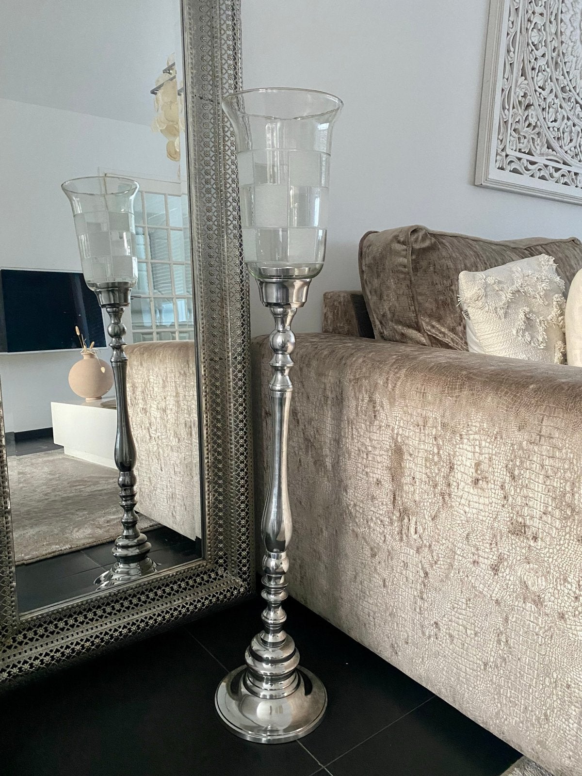 Hoge Zilveren lantaarn kandelaar met glas zgan, Gebruikt, Lantaarn, Ophalen of Verzenden, Glas