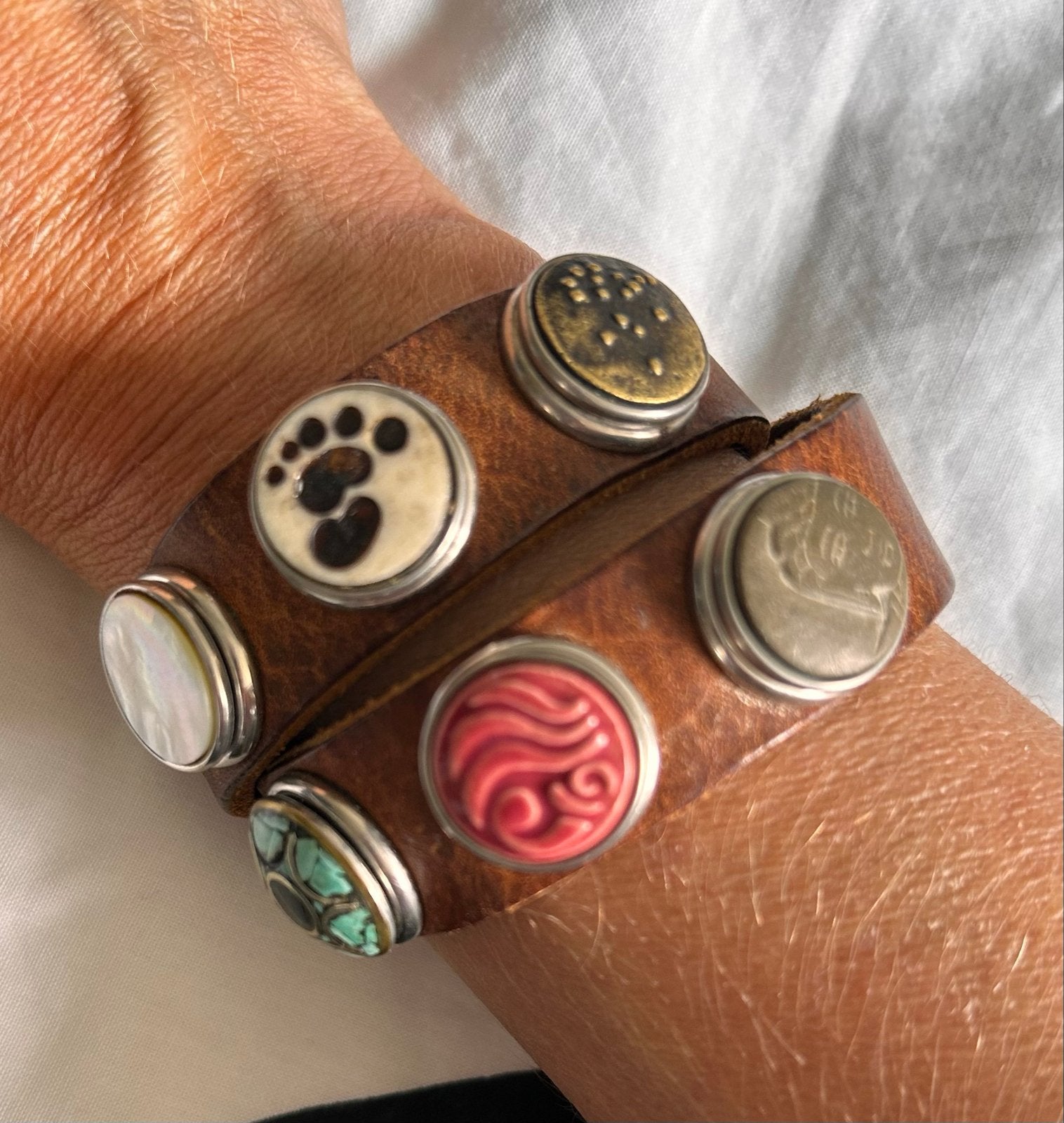 NOOSA leren armband met 6 chunks, Gebruikt, Bruin, Leer, Ophalen of Verzenden