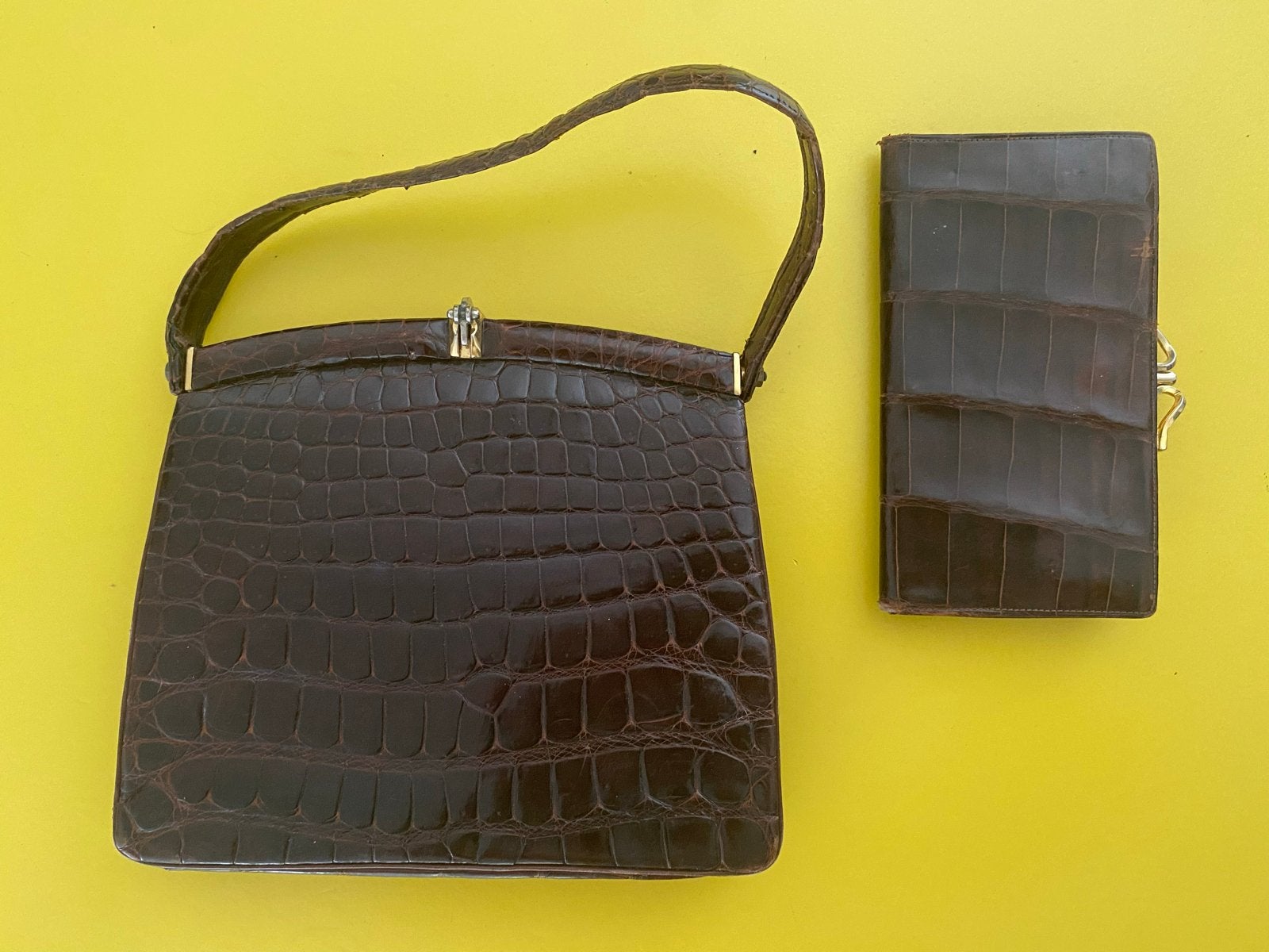 Vintage Krokodillenleren Handtas met Portemonnee, Ophalen of Verzenden, Gebruikt, Bruin, Handtas