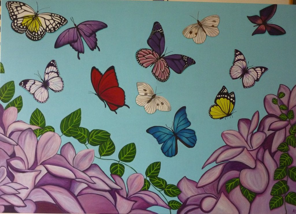 Vlinders, Ophalen, Acrylverf, Gesigneerd, Dieren