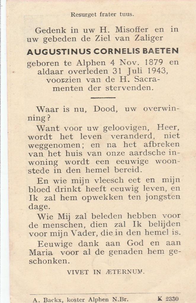 brab.baeten-v barneveld-bastiaansen-v den berg-  v berkum, Ophalen of Verzenden, Bidprentje