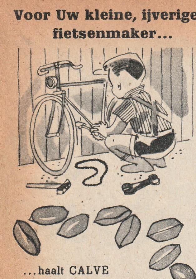 Retro reclame 1955 Calvé pindakaas jongetje met fiets, Verzenden, Overige typen