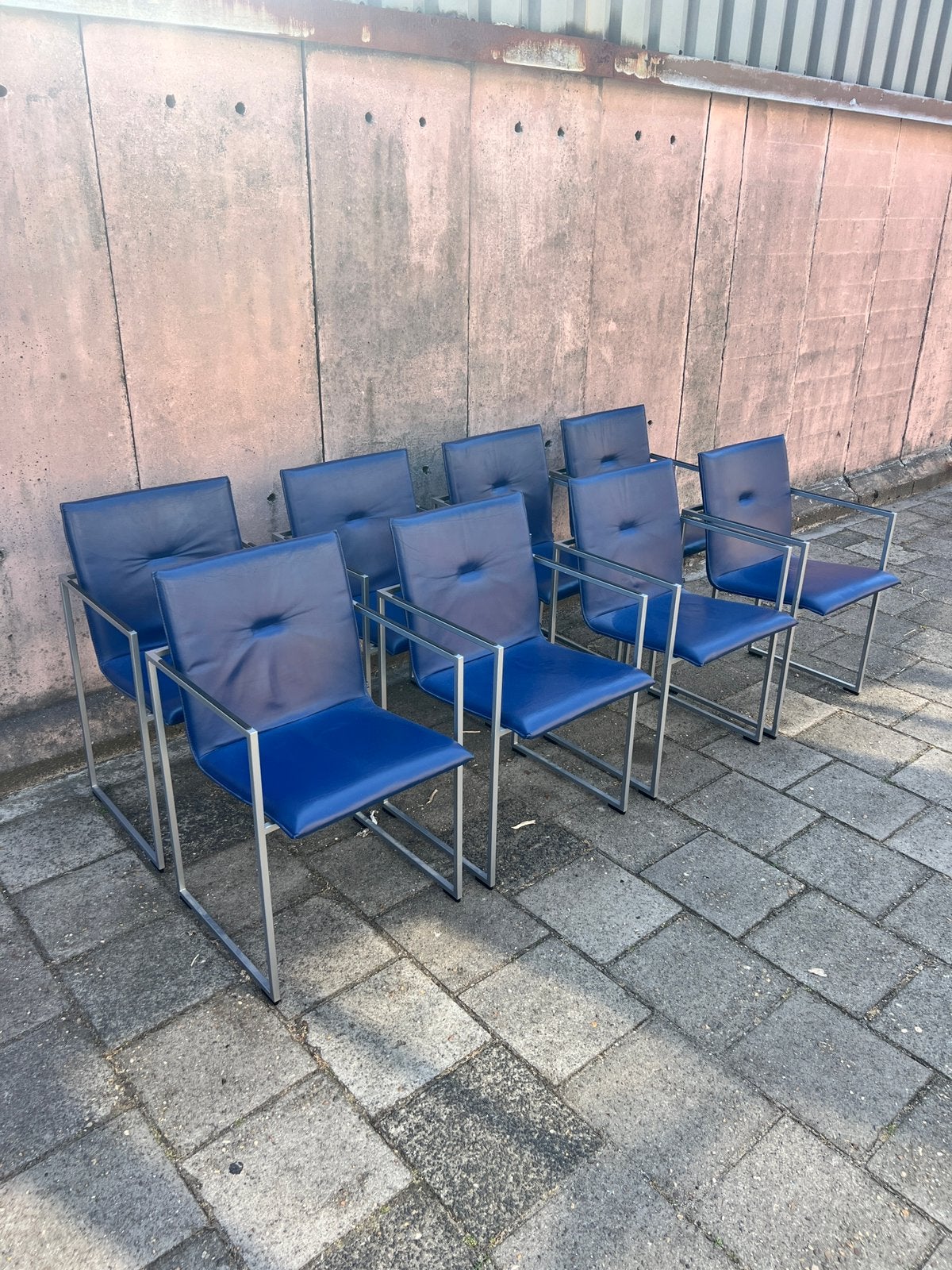 8 stuks Arco Frame eetkamer stoelen / blauw leer / design, Huis en Inrichting, Stoelen, Gebruikt, Blauw, Onbekend, Leer