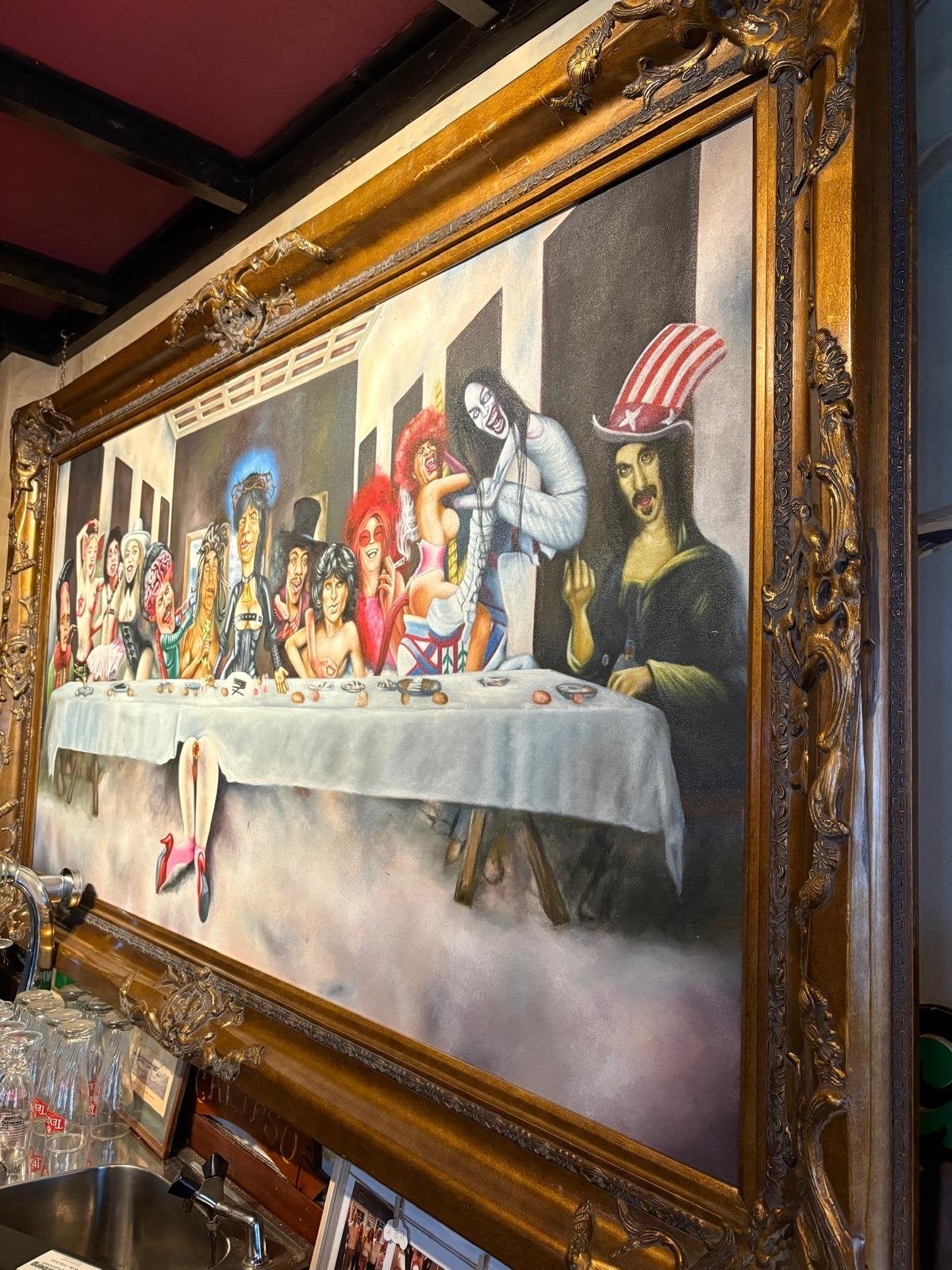 Modern Laatste Avondmaal schilderij in brocate lijst, Overig onderwerp, Ophalen of Verzenden, Ingelijst, Olieverf