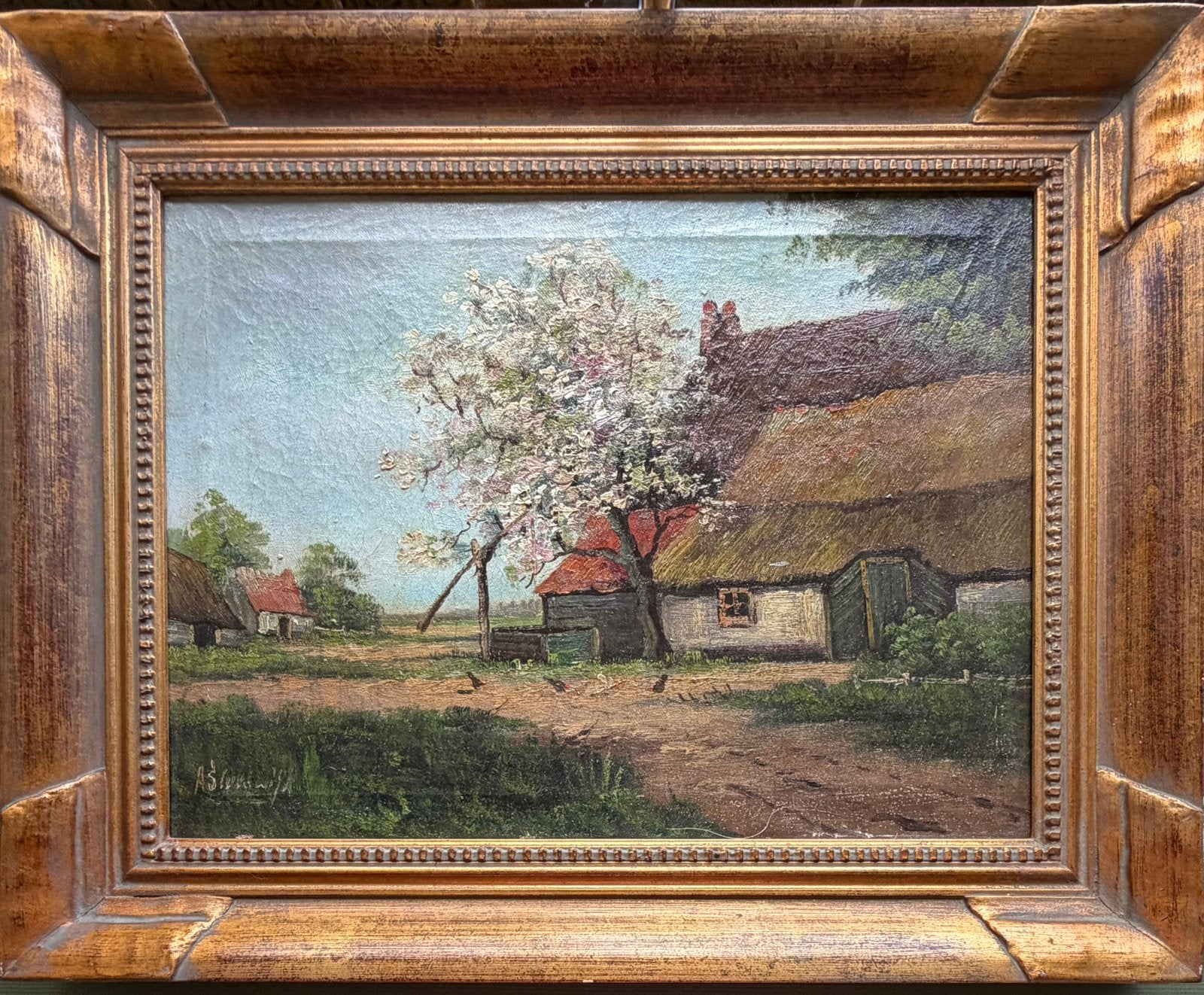 A. Sleeswijk - boerderij met bloeiende boom, Doek, Ophalen of Verzenden, Landschap, Olieverf