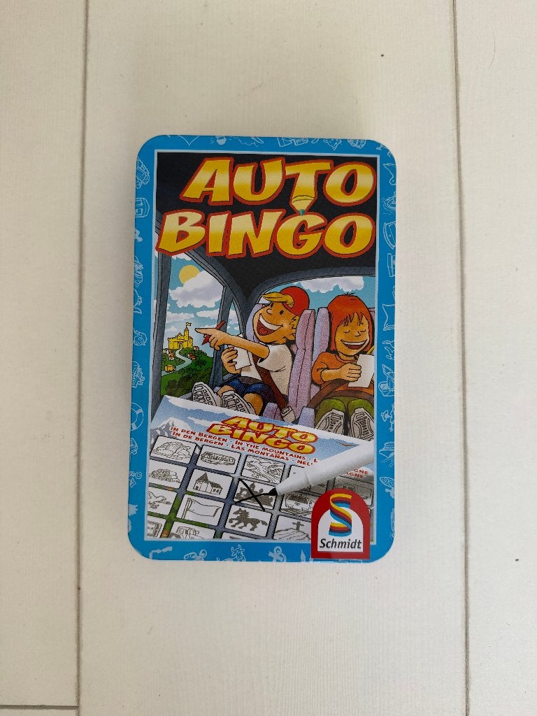 Schmidt Auto Bingo reisspel in blik, Ophalen of Verzenden, Zo goed als nieuw, Reisspel