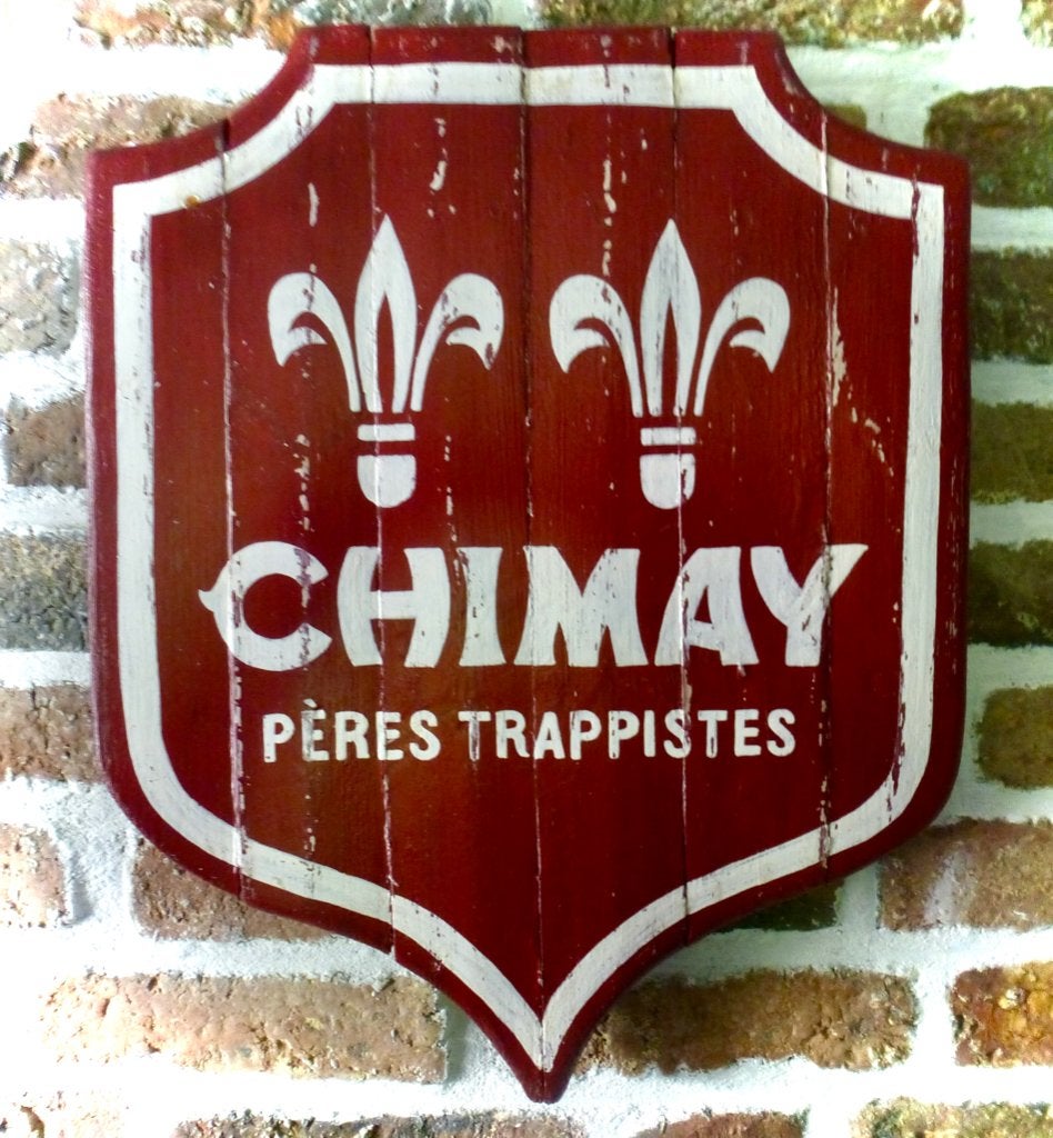 Stoer gesleten houten bier bord / Chimay / België, Ophalen of Verzenden, Gebruikt, Reclamebord, Plaat of Schild, Overige merken