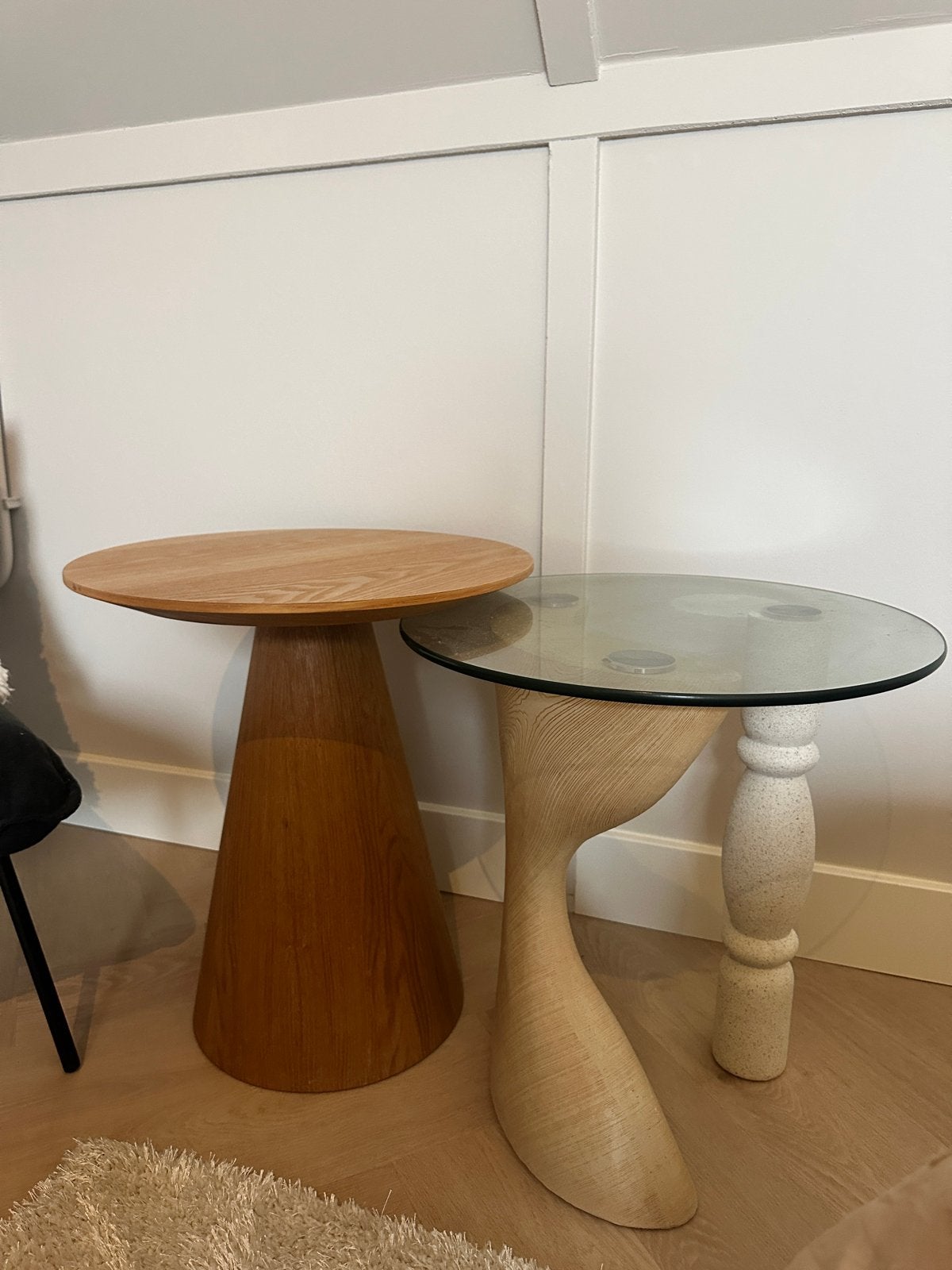 Set van 2 unieke bijzettafels: hout en glas | coco maison, Minder dan 55 cm, Rond, Zo goed als nieuw, Hout