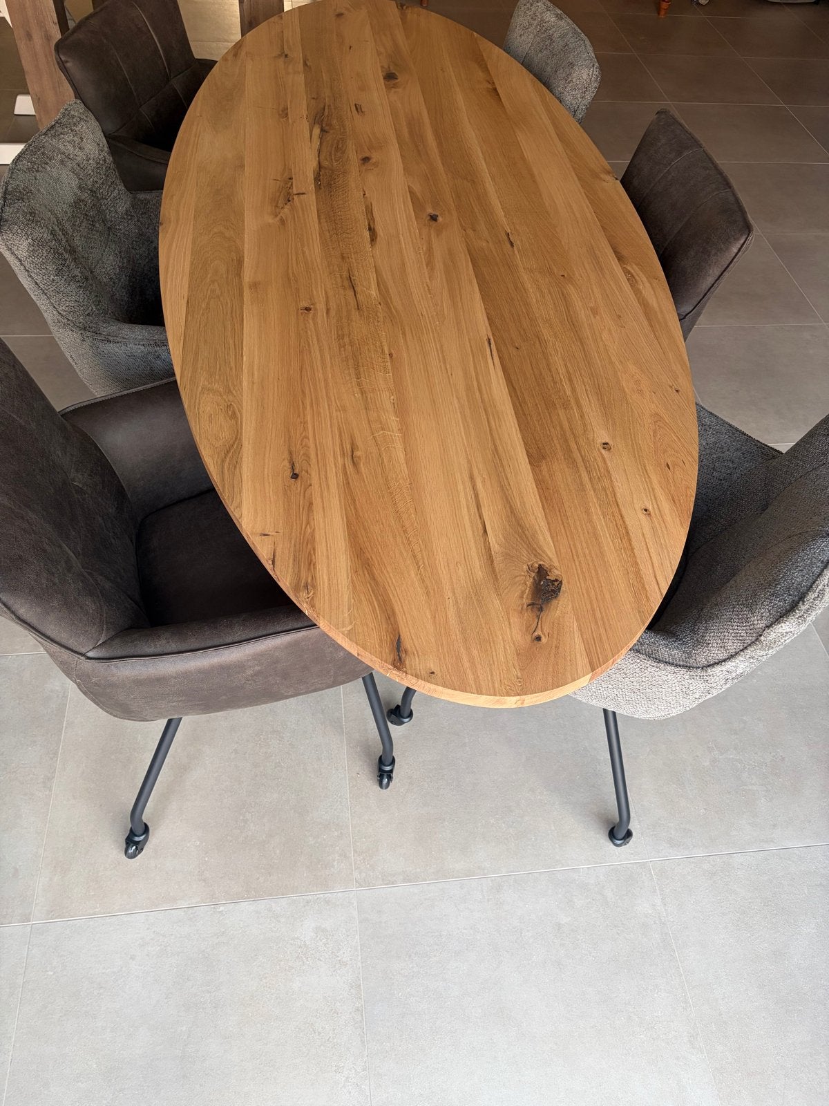 Nieuwe Ovale eettafel van eikenhout met metalen spinpoot, Ophalen, 100 tot 150 cm, Eikenhout, Vijf personen of meer