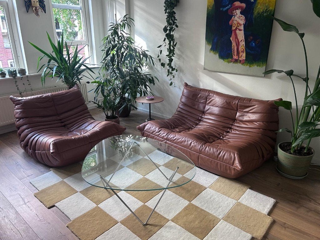 set originele Ligne Roset Togo 2- en 1 zits in cognac leer, Huis en Inrichting, Ophalen of Verzenden, Zo goed als nieuw, 75 tot 100 cm