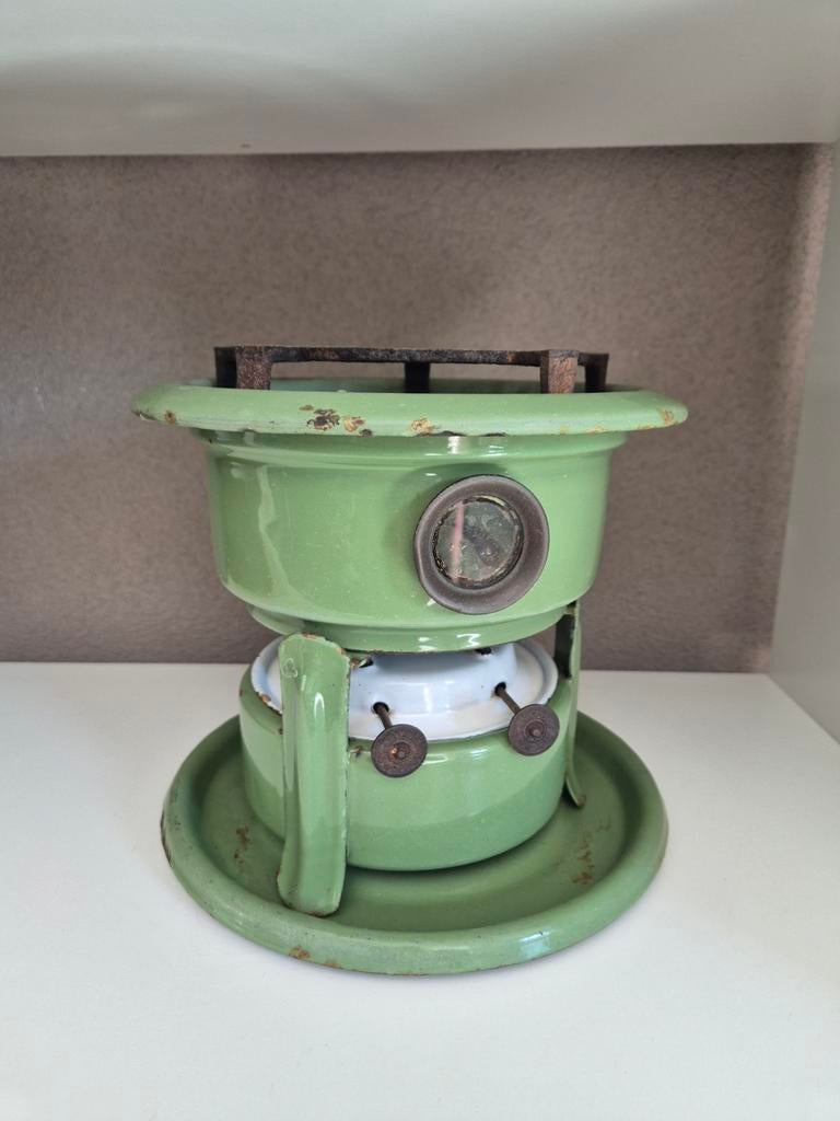 Emaille petroleumstel vintage groen 2 pits, Ophalen of Verzenden